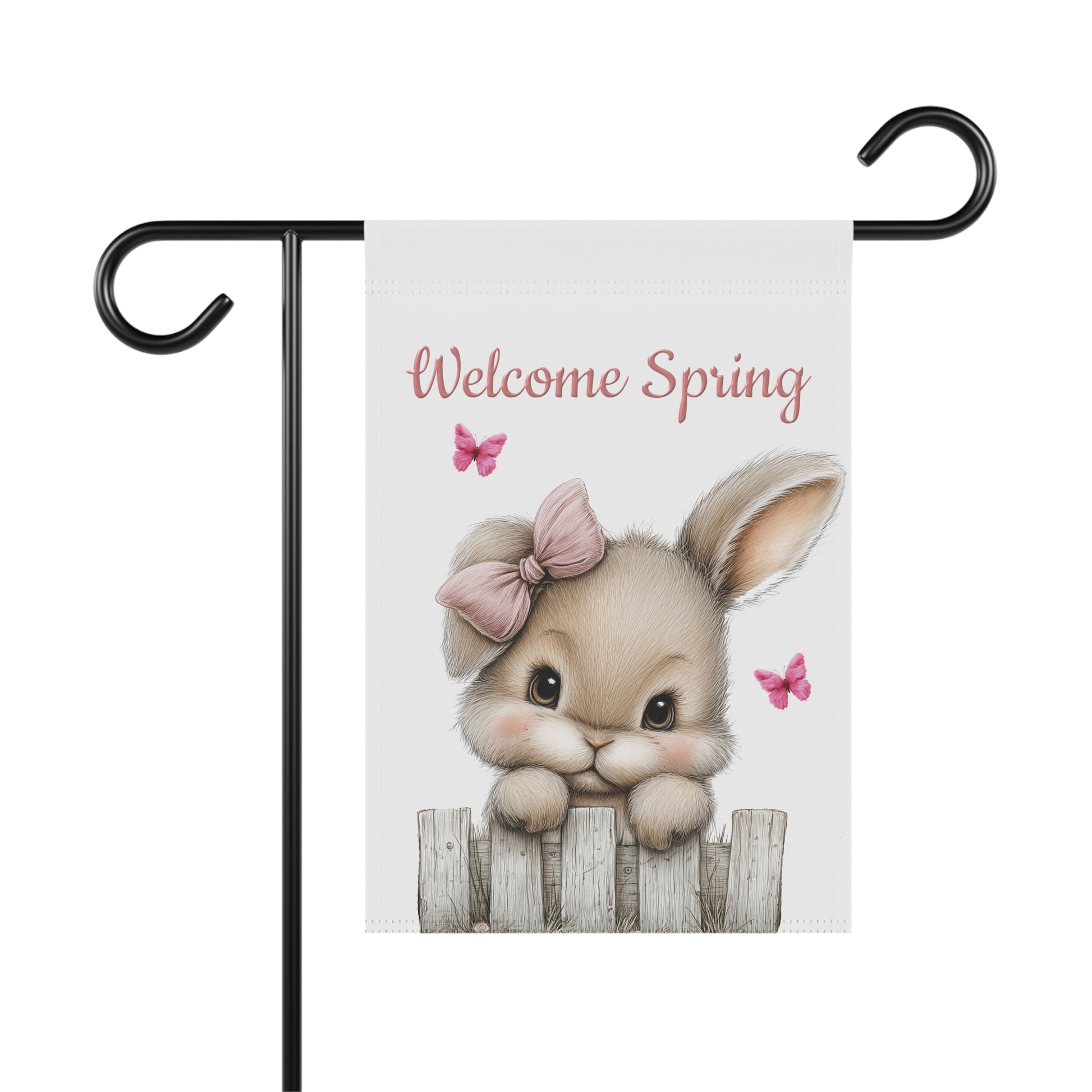 Cute bunny with a pink bow peeking over a wooden fence surrounded by pink butterflies with Welcome Spring text on a white garden flag, Outdoor spring garden flag on a metal stand featuring cute bunny and butterflies artwork with Welcome Spring lettering, Cute bunny Welcome Spring yard flag for outdoor front porch and garden decor