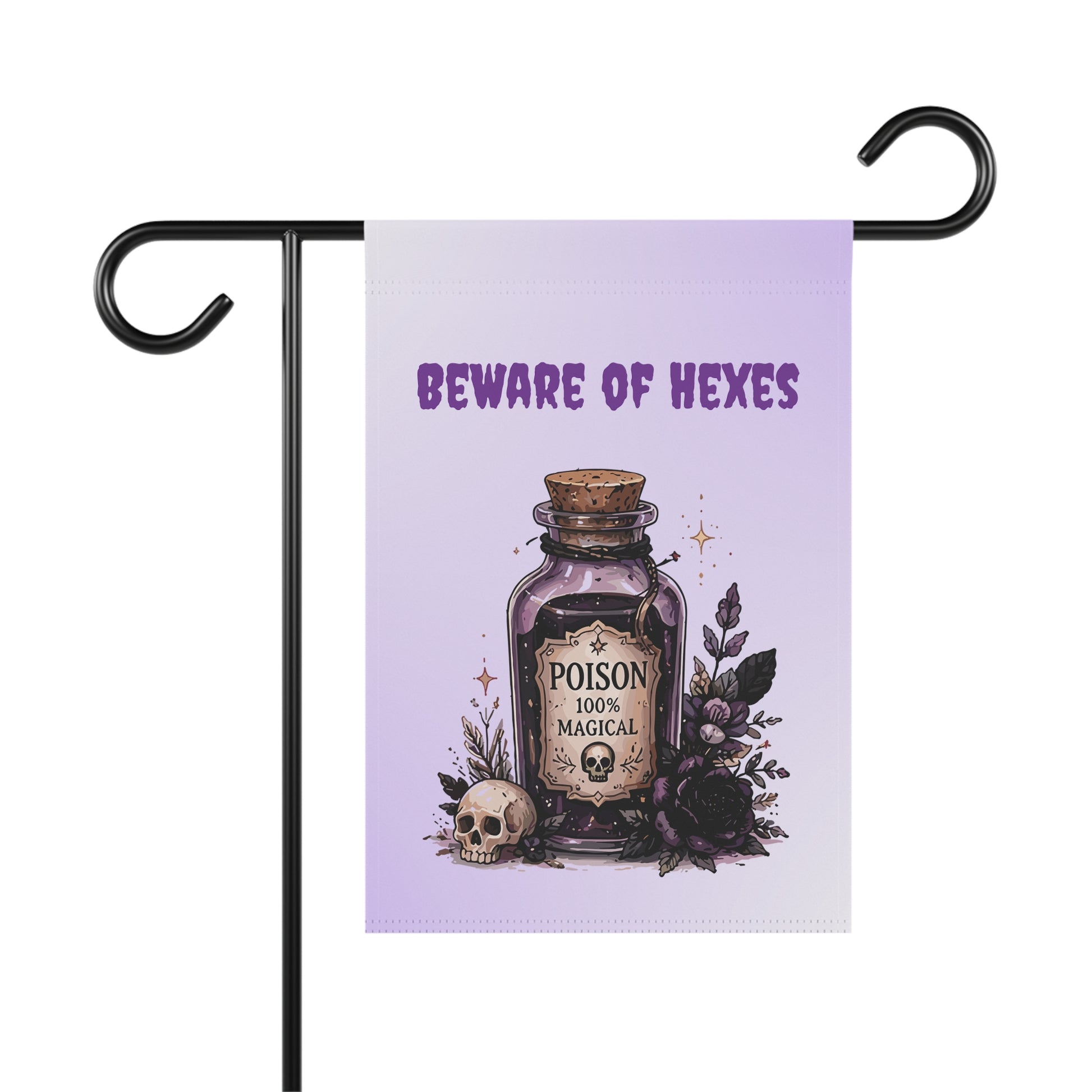 Whimsical gothic Halloween garden flag featuring a vintage poison bottle labeled 100% Magical, sitting next to a small skull and dark purple flowers beneath the purple text Beware of Hexes on a pastel background.
