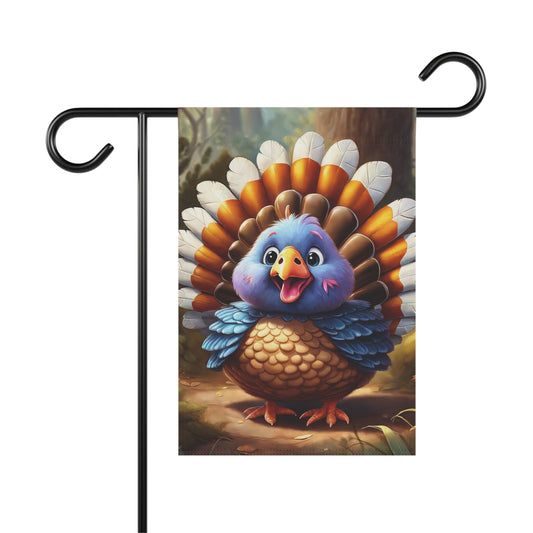 Cartoon Thanksgiving turkey garden flag with colorful feathers, fall leaves, and cute smiling turkey design