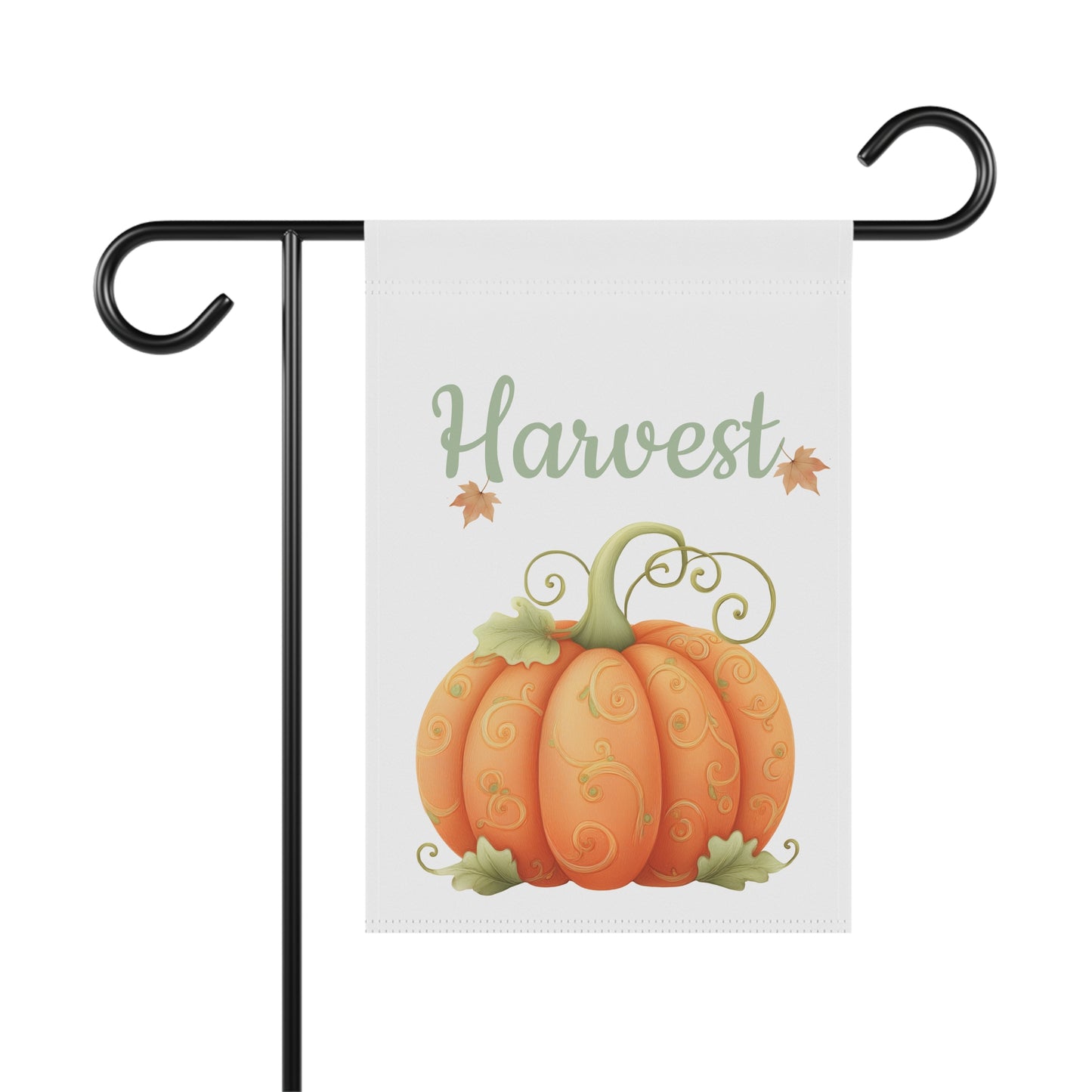 Outdoor garden flag featuring an ornate pumpkin illustration beneath sage green script text reading Harvest.