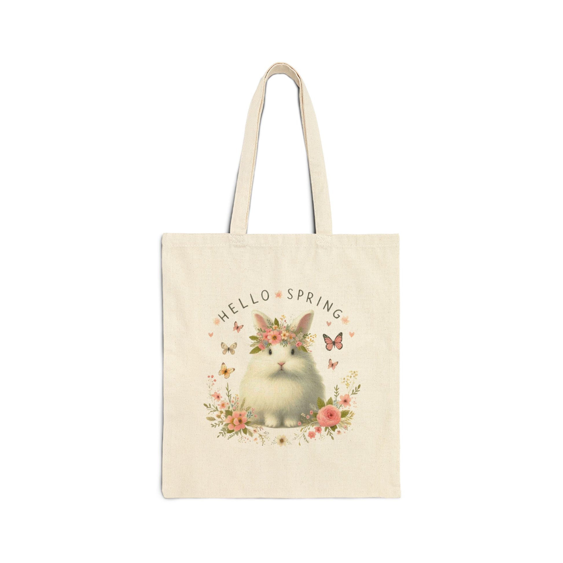 Canvas tote bag with a "Hello Spring" print featuring a fluffy white bunny wearing a floral crown.