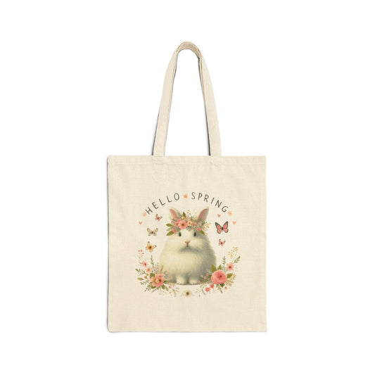 Canvas tote bag with a "Hello Spring" print featuring a fluffy white bunny wearing a floral crown.