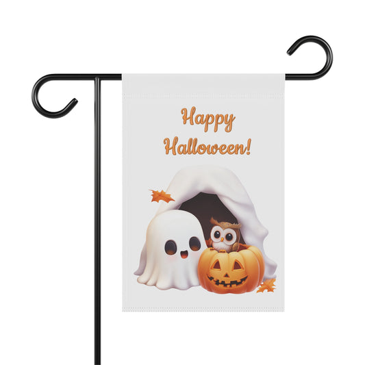 Cute ghost standing next to a small owl sitting inside a carved pumpkin below Happy Halloween! text on a white garden flag, Outdoor Halloween garden flag on a metal stand featuring cute ghost owl and jack-o'-lantern artwork with Happy Halloween! lettering, Cute ghost and owl Halloween yard flag for outdoor front porch and garden decor