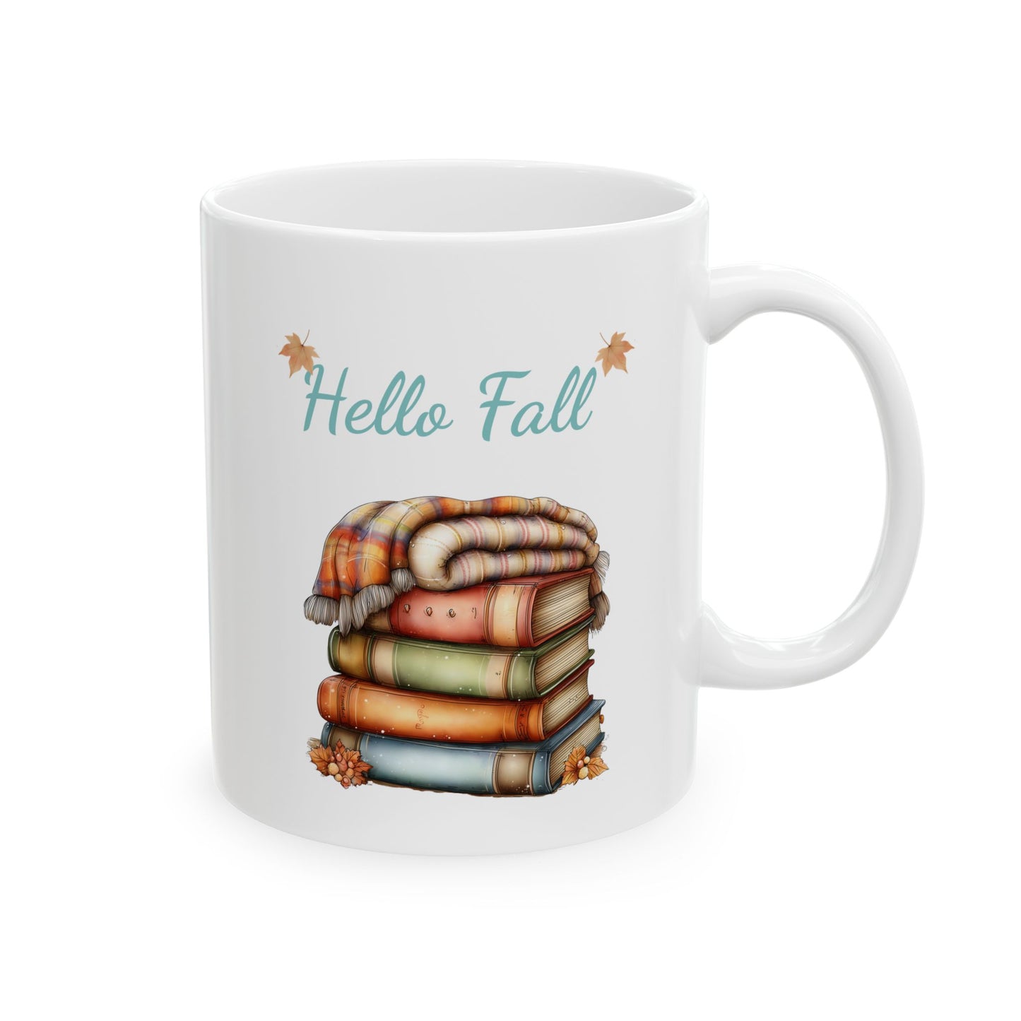 Hello Fall ceramic coffee mug featuring a cute illustration of a stack of vintage books in shades of red, green, orange, and blue, topped with a cozy plaid blanket and autumn leaves under soft blue text.