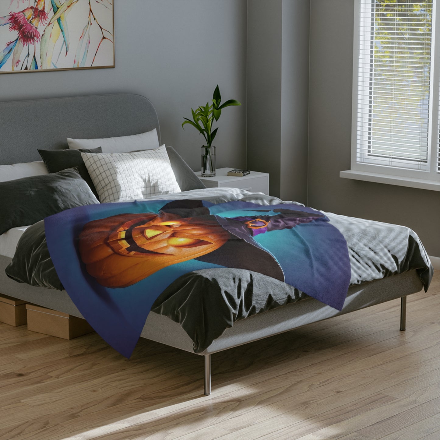 Ominous Jack-o'-Lantern with Witch Hat Halloween Blanket
