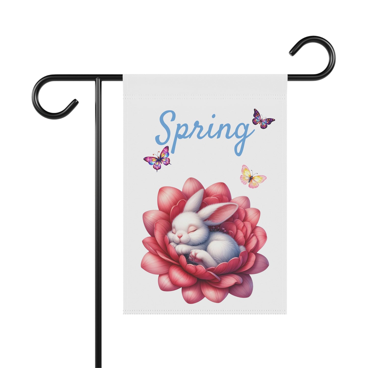 White garden flag with "Spring" in light blue text, a sleeping white bunny in a pink flower, and three colorful butterflies.