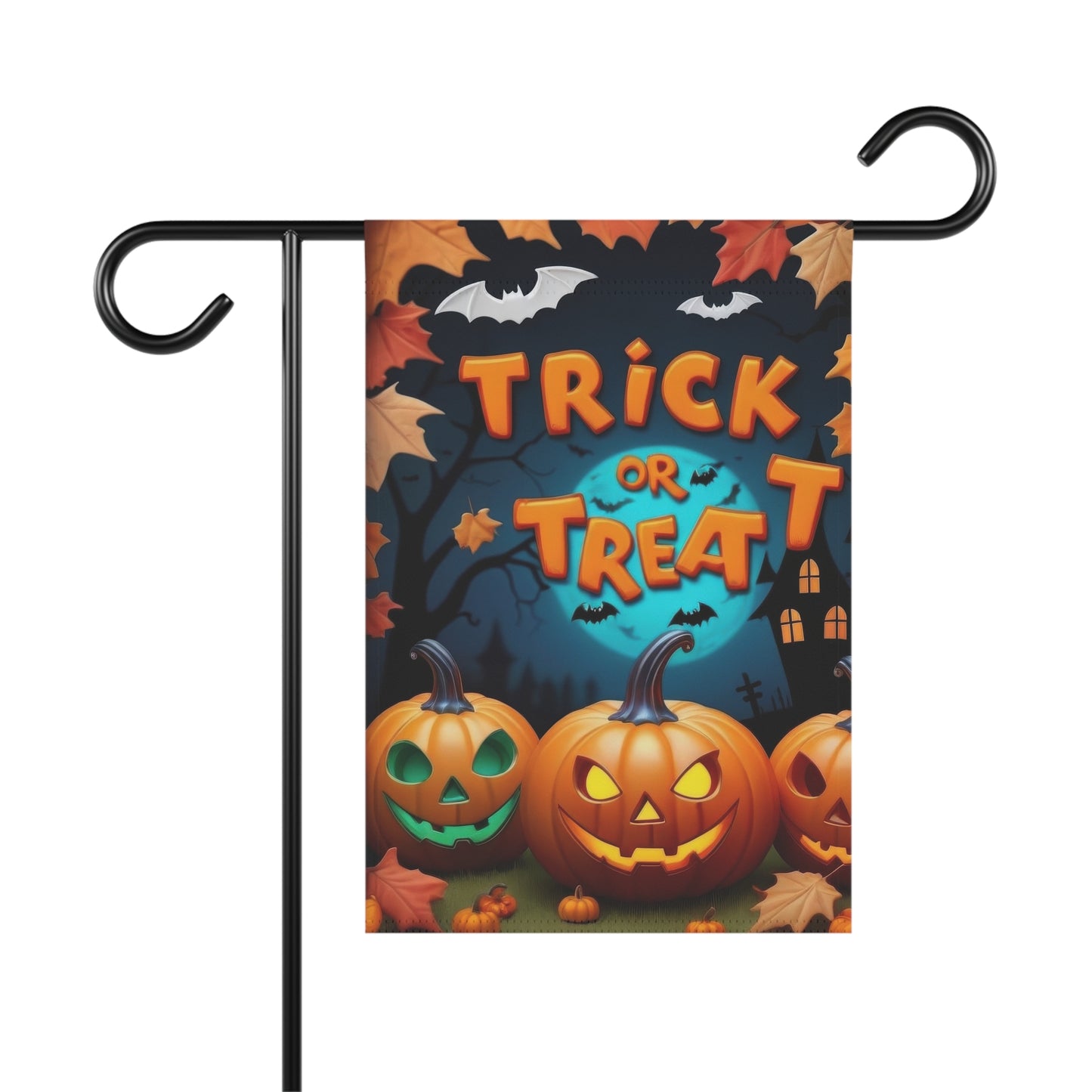“Halloween garden flag with ‘Trick or Treat’ text, pumpkins, bats, moon, and fall leaves”