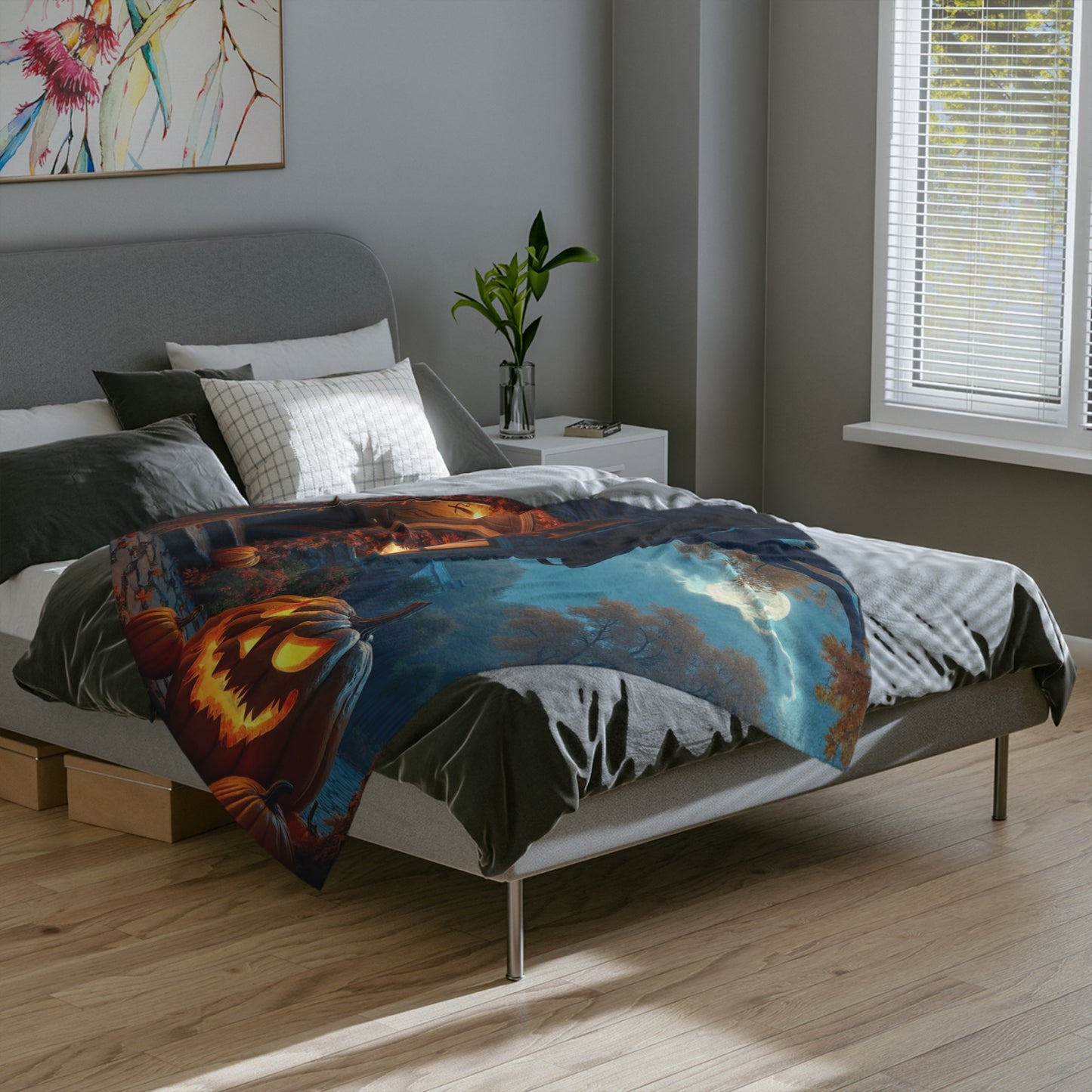 Spooky Cottage & Glowing Pumpkins Halloween Lightweight Velveteen Blanket