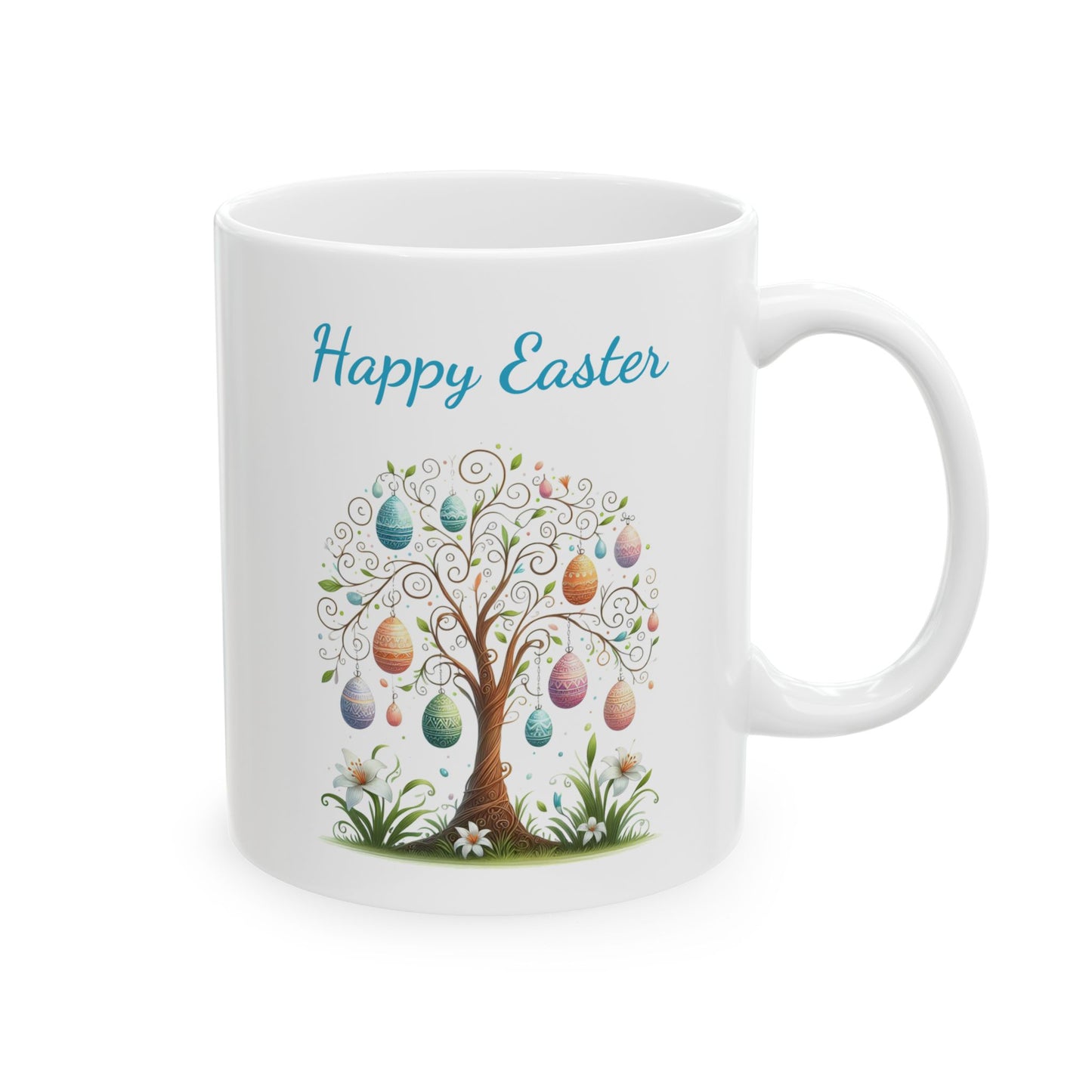 White ceramic coffee mug with a whimsical illustration of a stylized brown tree with colorful Easter eggs hanging from its branches, with the words "Happy Easter" in elegant blue script text above it.

