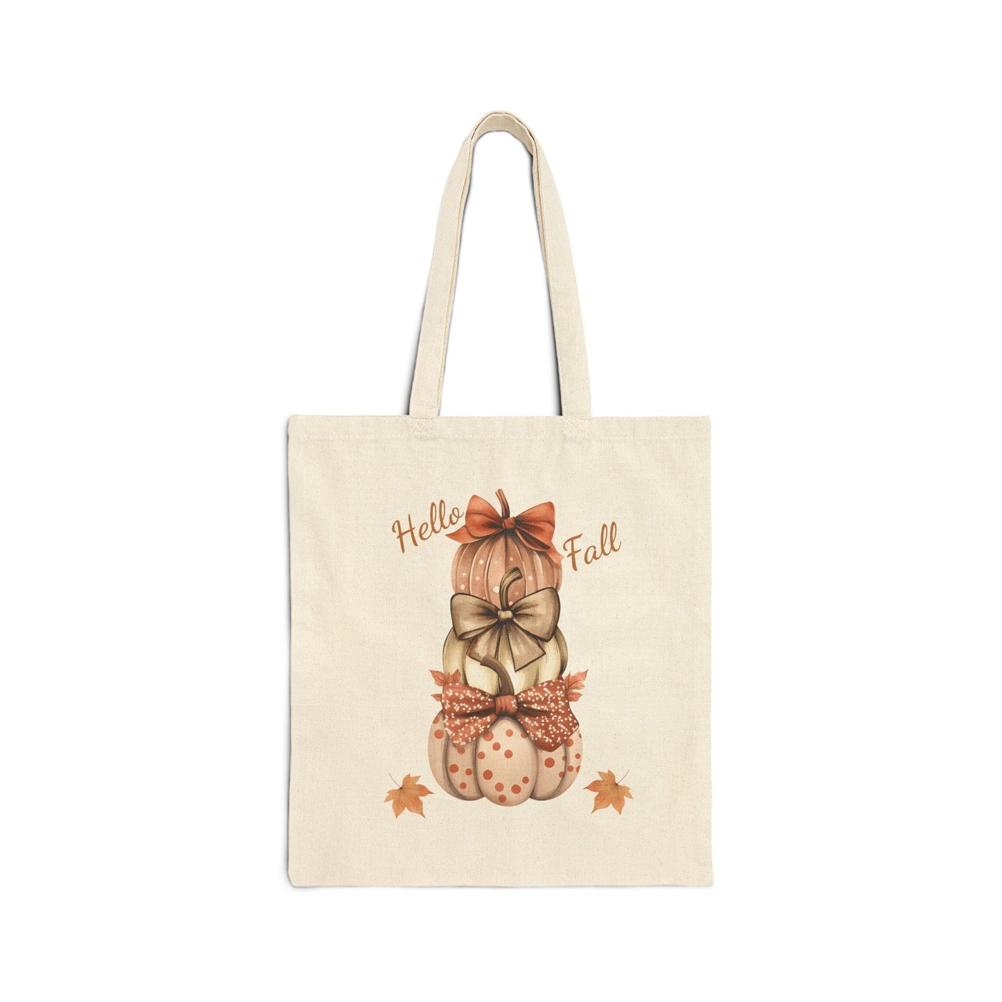 Hello Fall canvas tote bag with a watercolor illustration of a three-tiered pumpkin stack and decorative bows