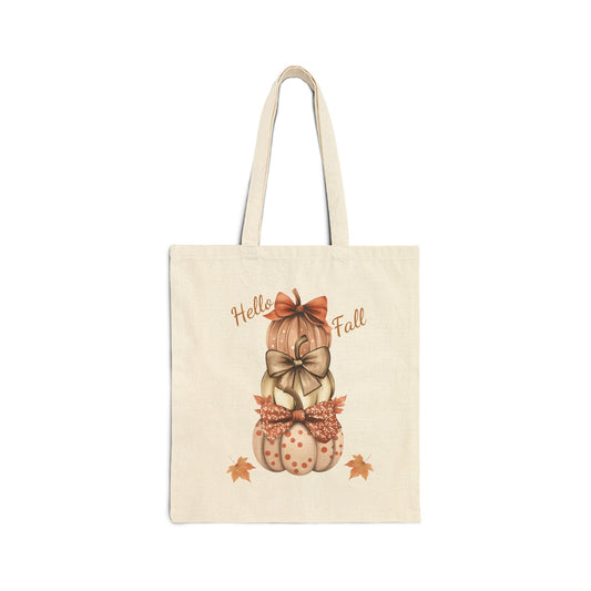 Hello Fall canvas tote bag with a watercolor illustration of a three-tiered pumpkin stack and decorative bows