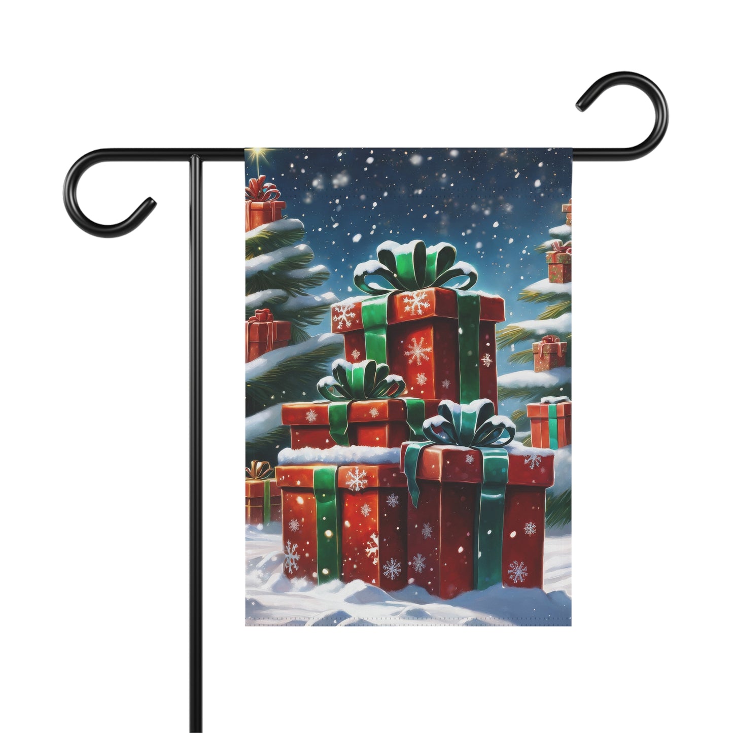 Stack of Christmas presents garden flag in red and green with snowflakes, ribbons, and snow, surrounded by snowy evergreen trees, on a black metal garden flag stand.

