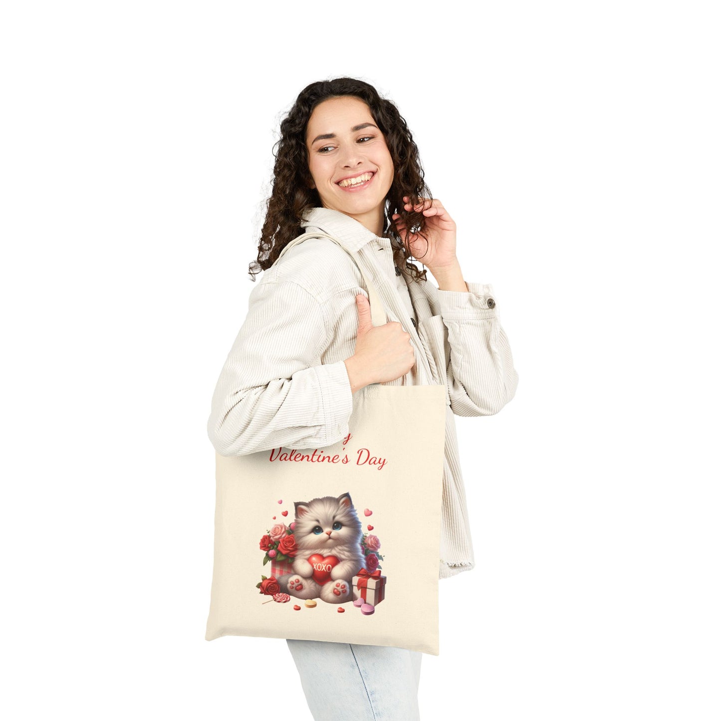 "Happy Valentine's Day" Cute Kitten Canvas Tote Bag