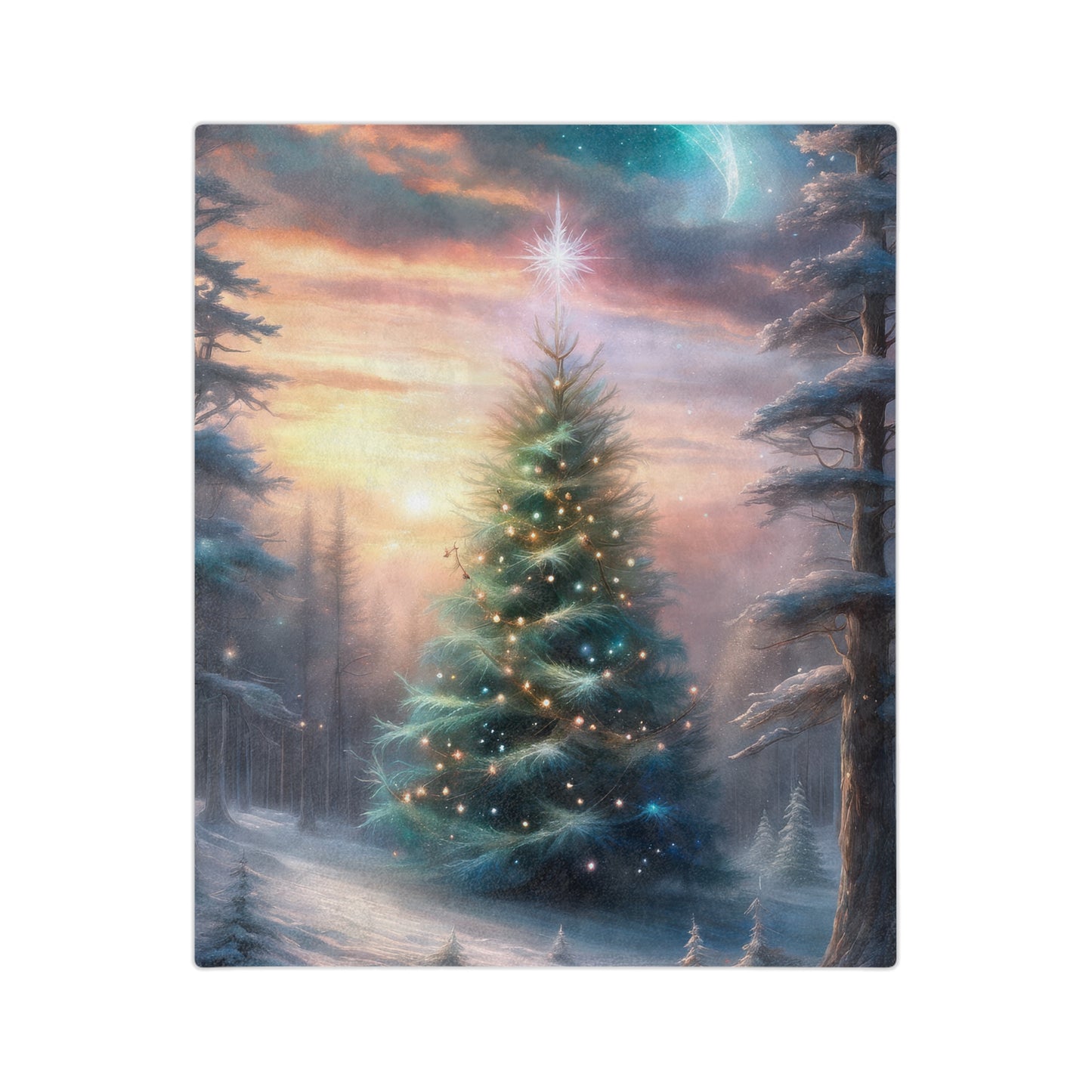 Christmas tree plush blanket with glowing lights in snowy forest at sunset