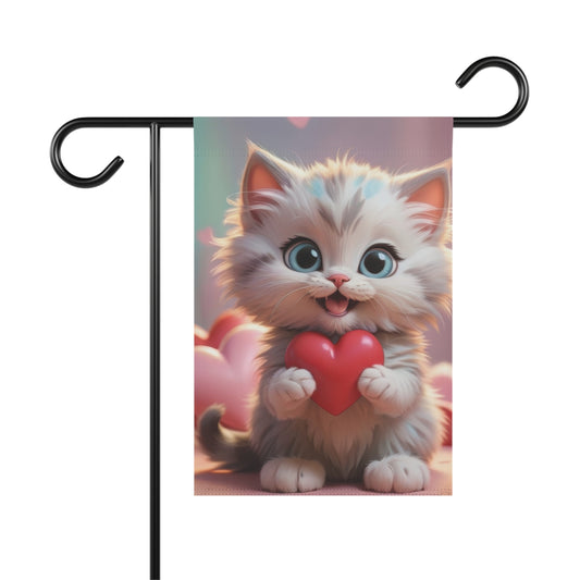 Valentine garden flag with fluffy kitten holding red heart, cute cat yard decor for Valentine's Day