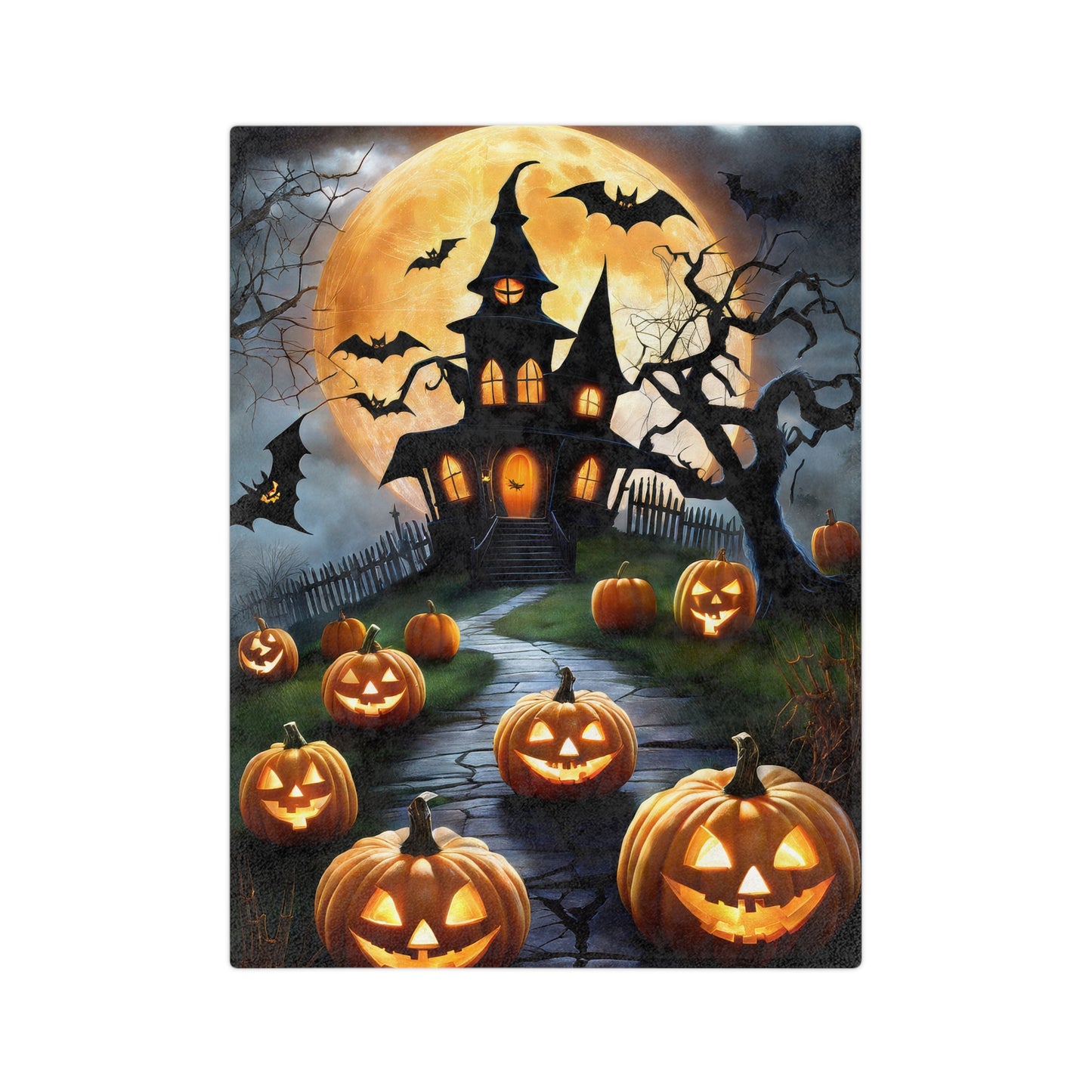 Mystical Haunted Mansion Halloween Plush Blanket with a large orange moon, bats, spooky trees, and a path lined with glowing jack-o'-lanterns.

