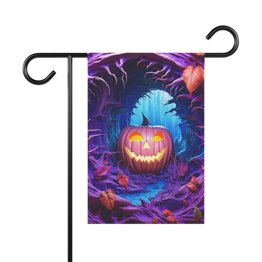 “Spooky Halloween garden flag featuring a glowing jack-o'-lantern in a purple haunted forest tunnel”