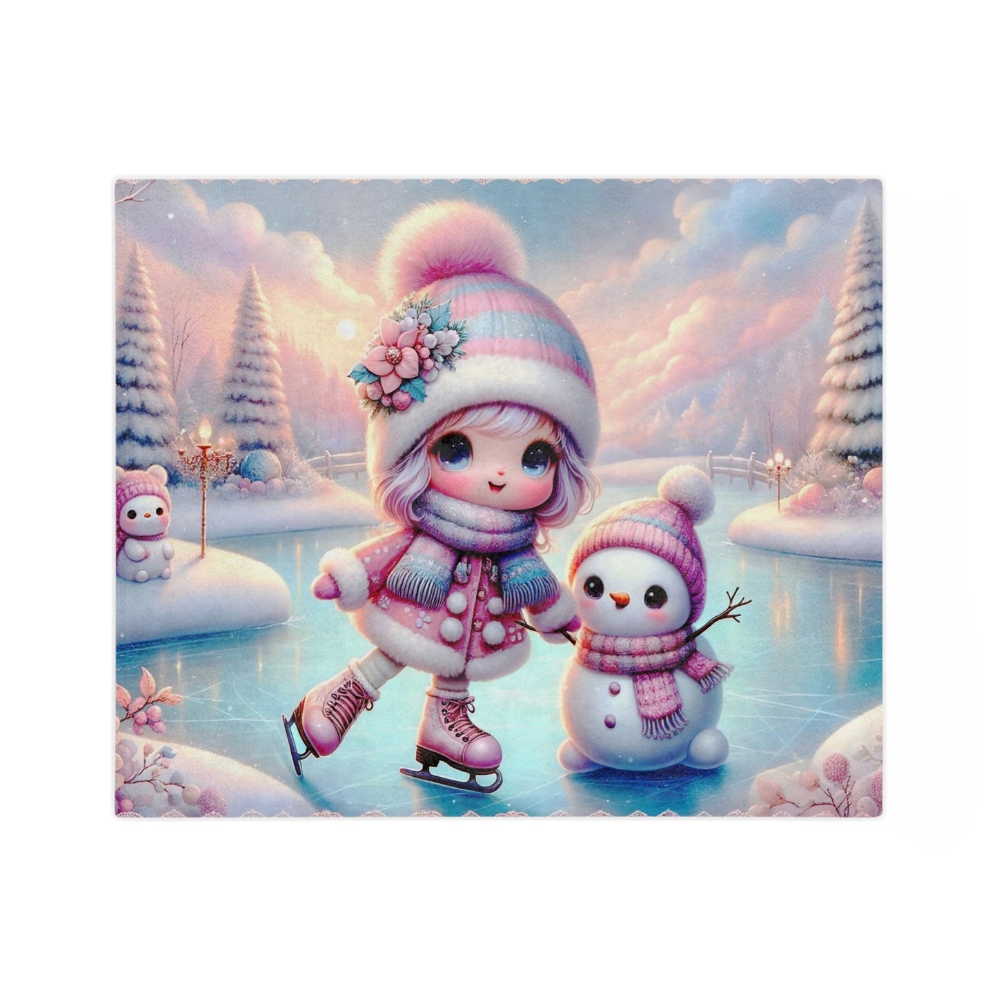 Chibi girl in a pink winter hat and coat ice skating with a small snowman on a frozen pond in a pastel, snowy landscape.


