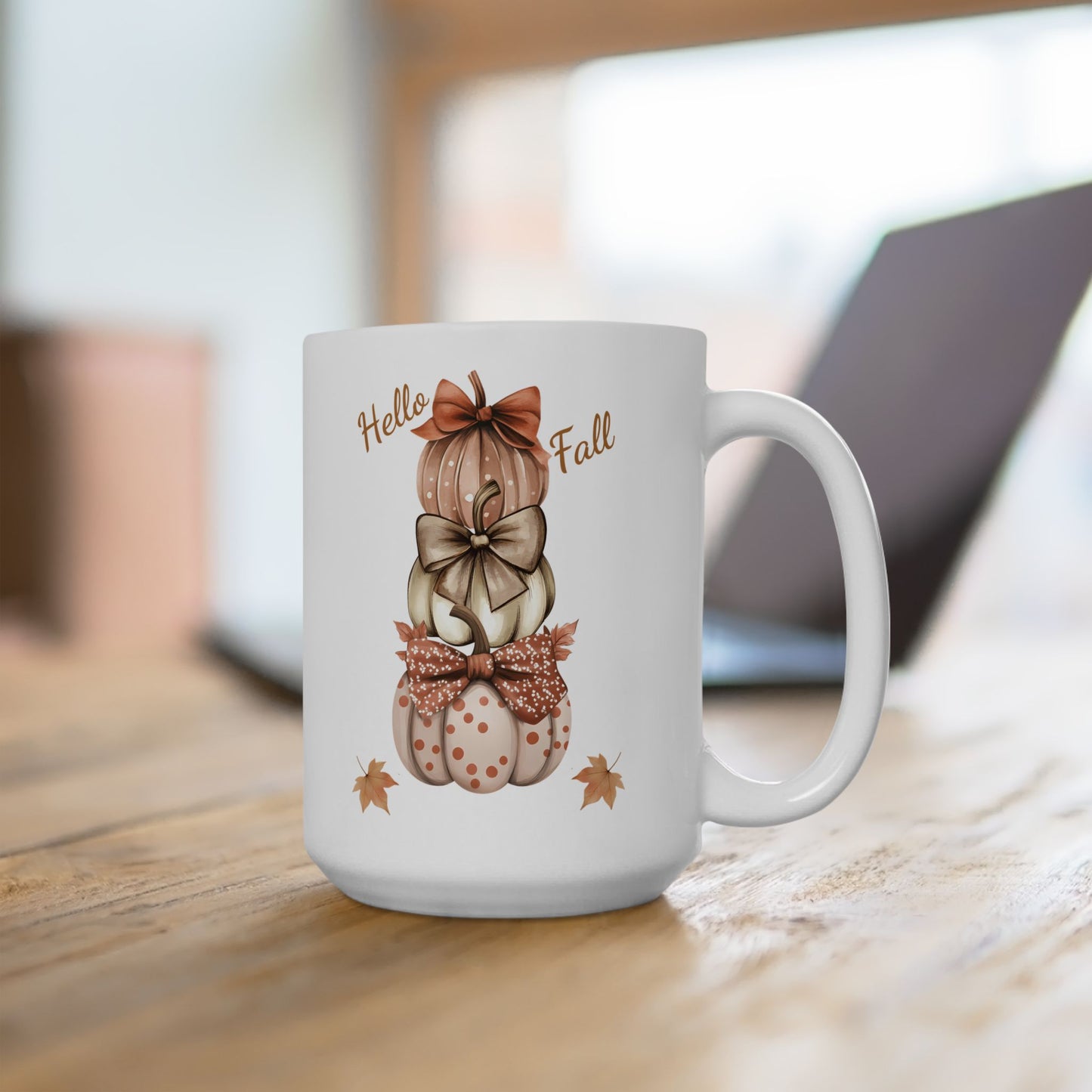 "Hello Fall" Bowed Pumpkin Stack Coffee Mug