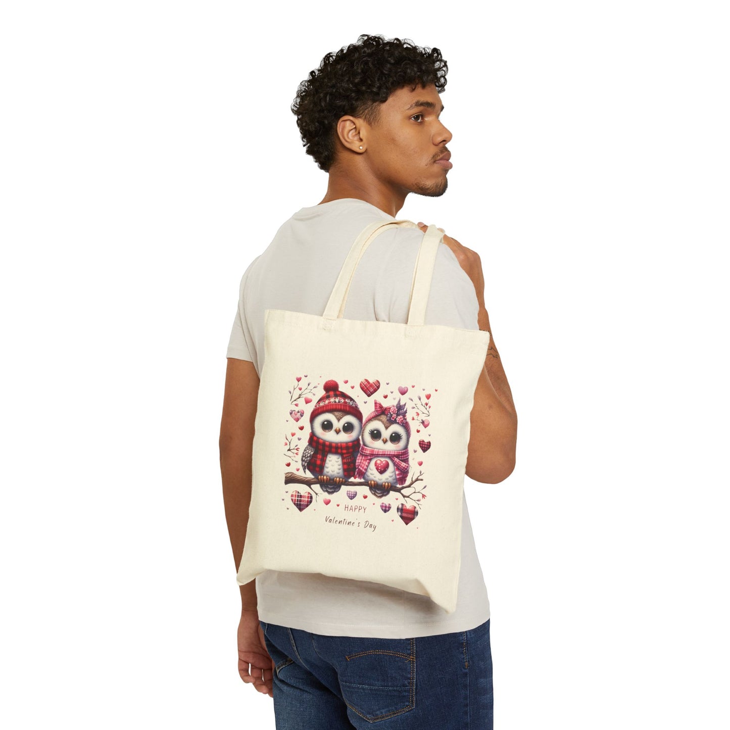 "Happy Valentine's Day" Owl Couple Canvas Tote Bag