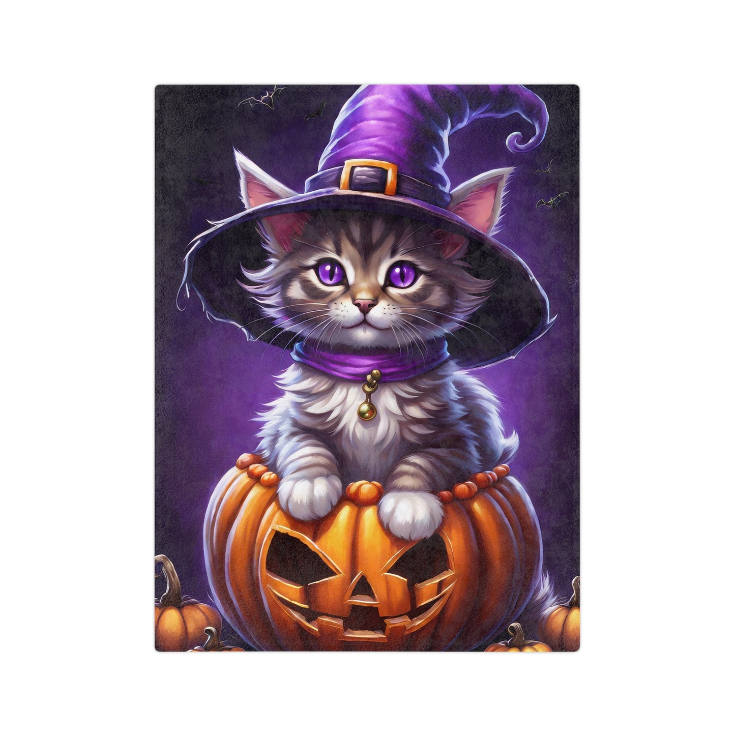 Adorable Witch Hat Kitten Halloween Plush Blanket with a cute grey kitten wearing a purple witch hat inside a jack-o'-lantern, against a dark background.

