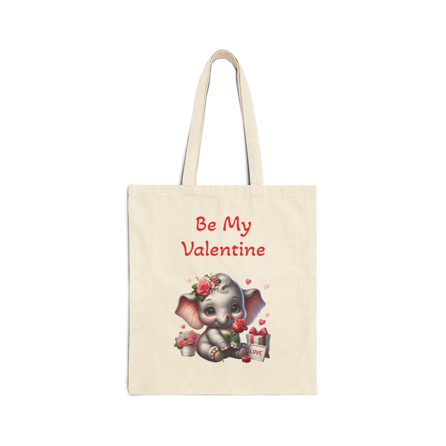 "Be My Valentine" canvas tote bag with a cute baby elephant holding a rose and surrounded by flowers and a gift box.