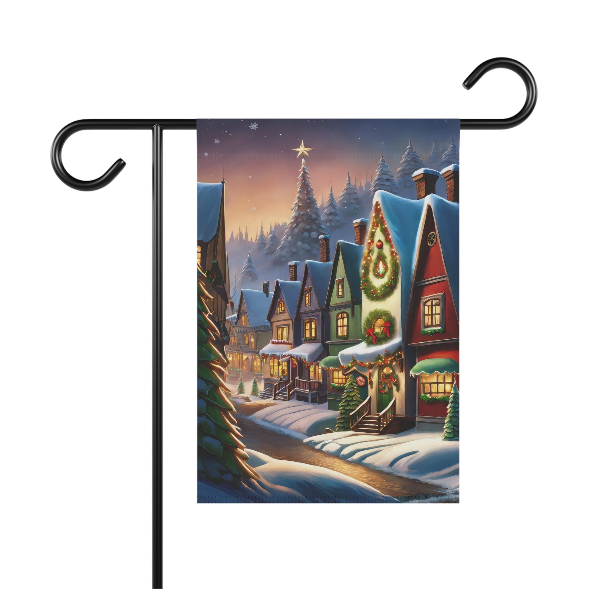 Charming Christmas village garden flag with snow-covered houses, decorated Christmas tree, and a winding snowy path at dusk, festive holiday outdoor decor.

