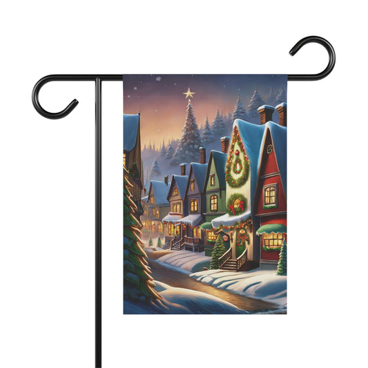 Charming Christmas village garden flag with snow-covered houses, decorated Christmas tree, and a winding snowy path at dusk, festive holiday outdoor decor.

