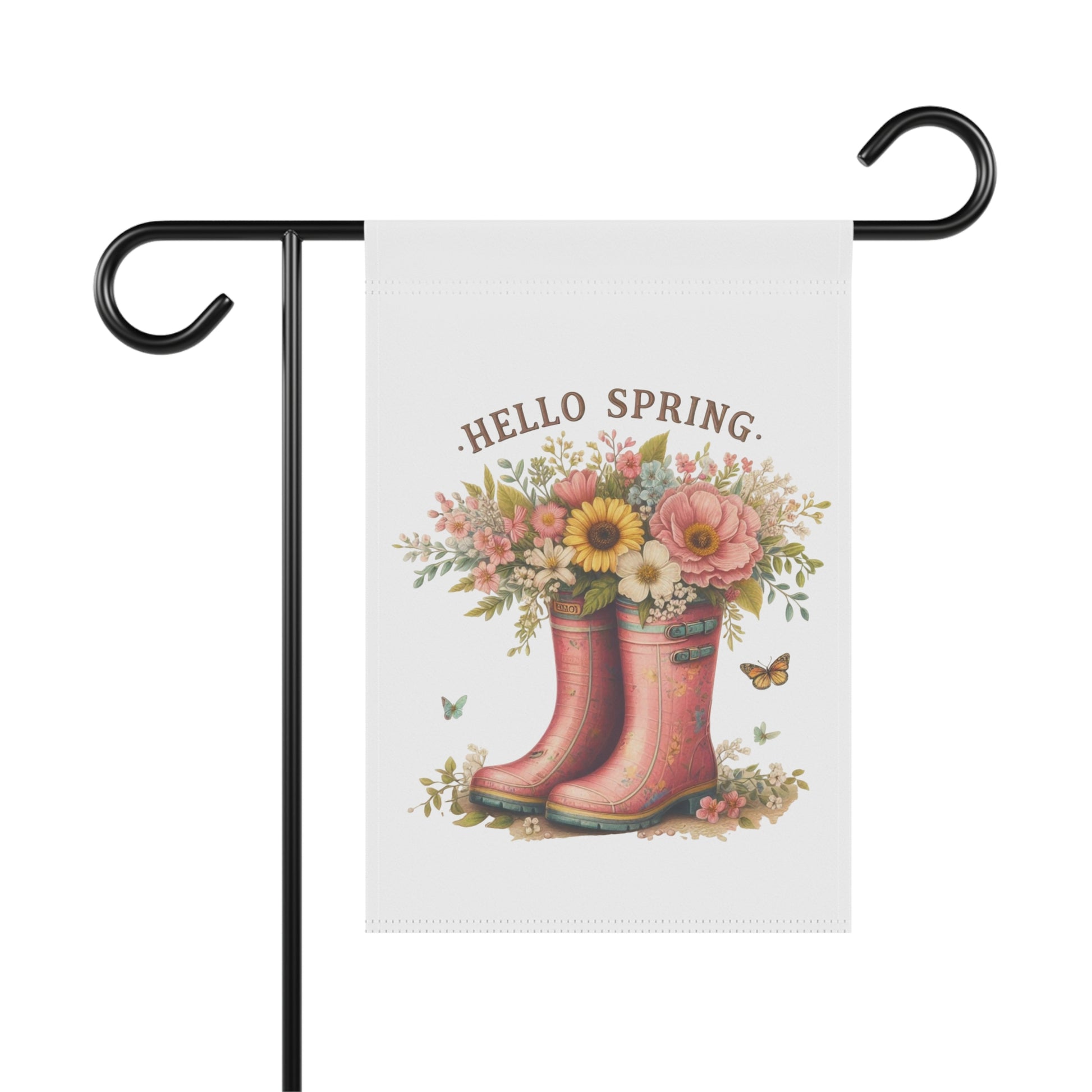 "Hello Spring" garden flag featuring a watercolor illustration of pink floral rain boots filled with a bouquet of spring flowers and butterflies.