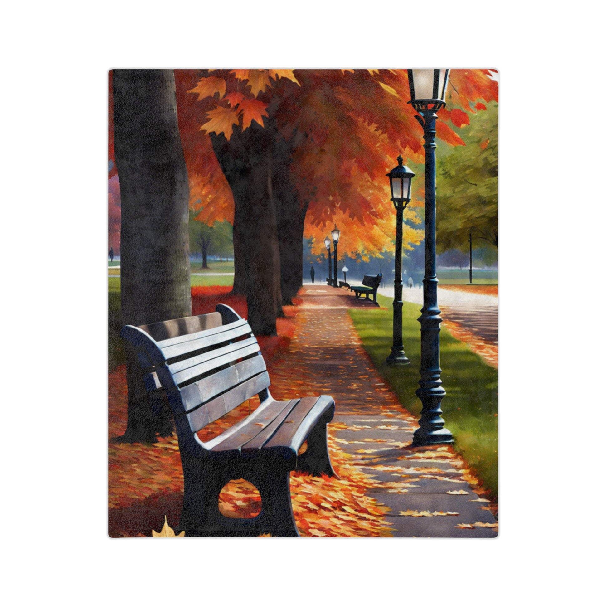 Lightweight velveteen blanket depicting a scenic autumn park pathway with vibrant orange and red fall foliage on trees, multiple black streetlamps, and a prominent park bench in the foreground.

