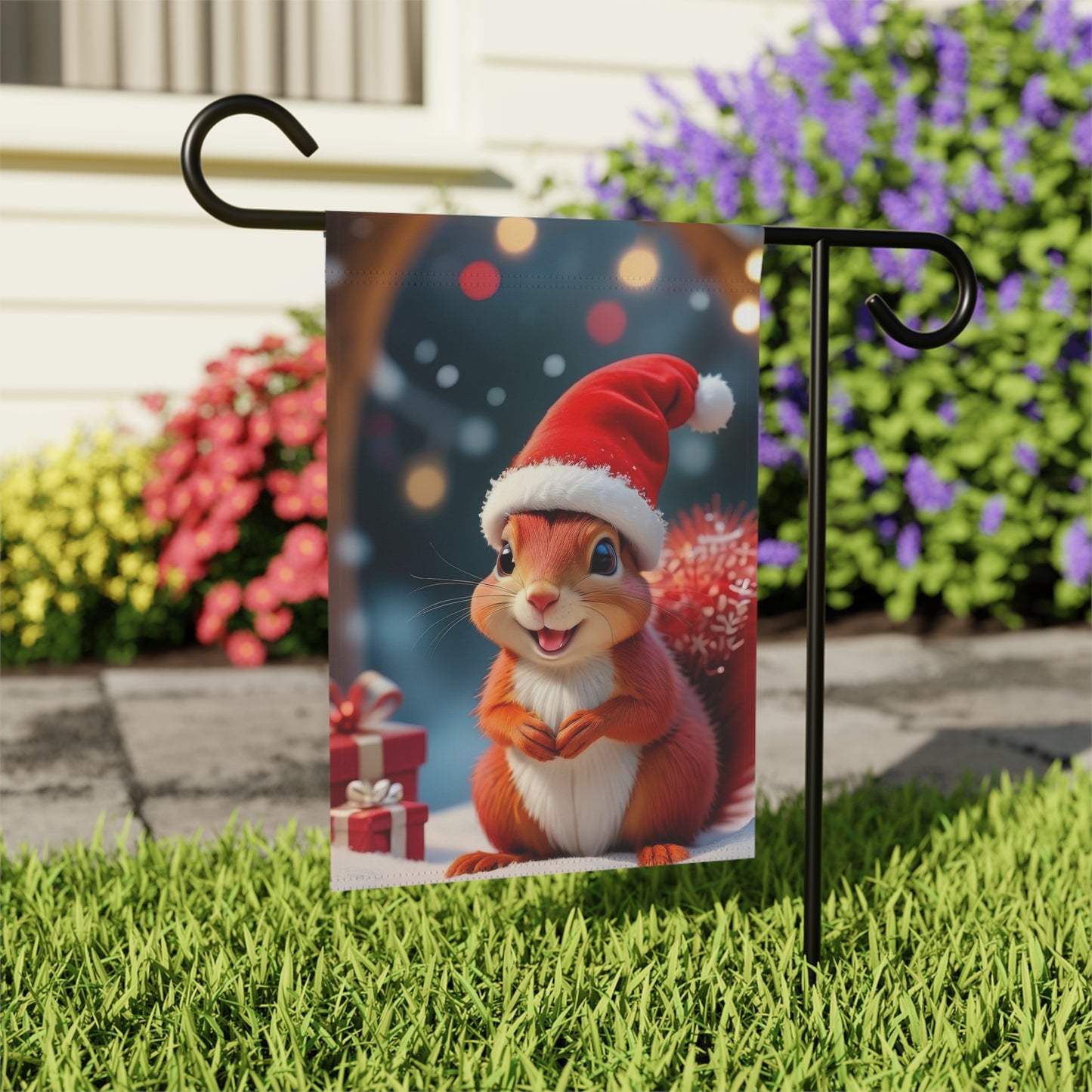 Christmas squirrel garden flag with Santa hat, snow, and presents, on a black metal garden flag stand

