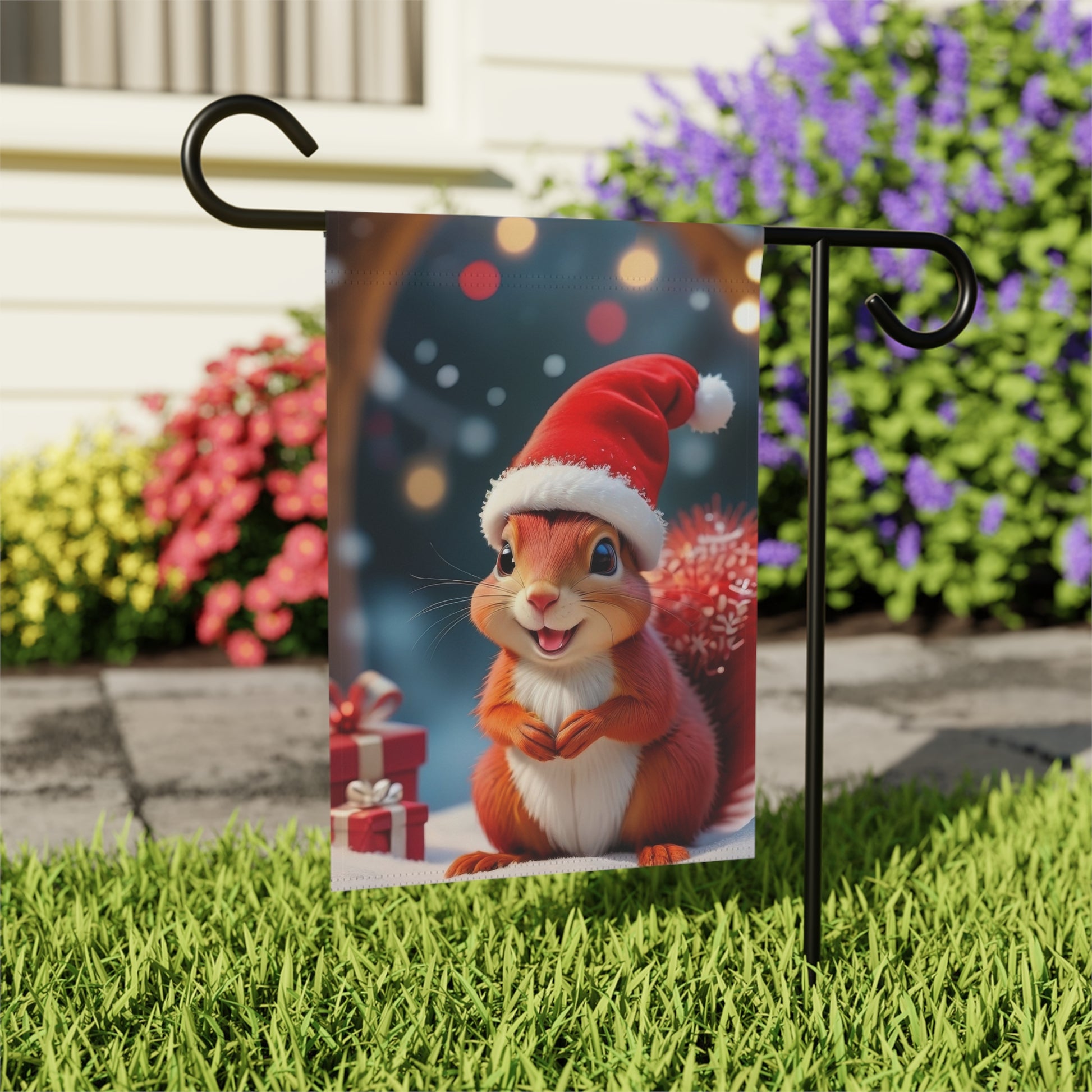 Christmas squirrel garden flag with Santa hat, snow, and presents, on a black metal garden flag stand


