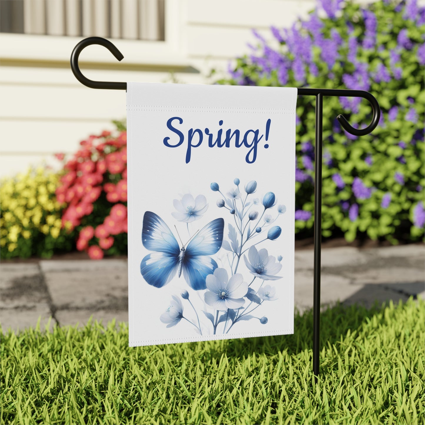 Elegant Single Blue Butterfly & Blue Floral Spring Garden Flag