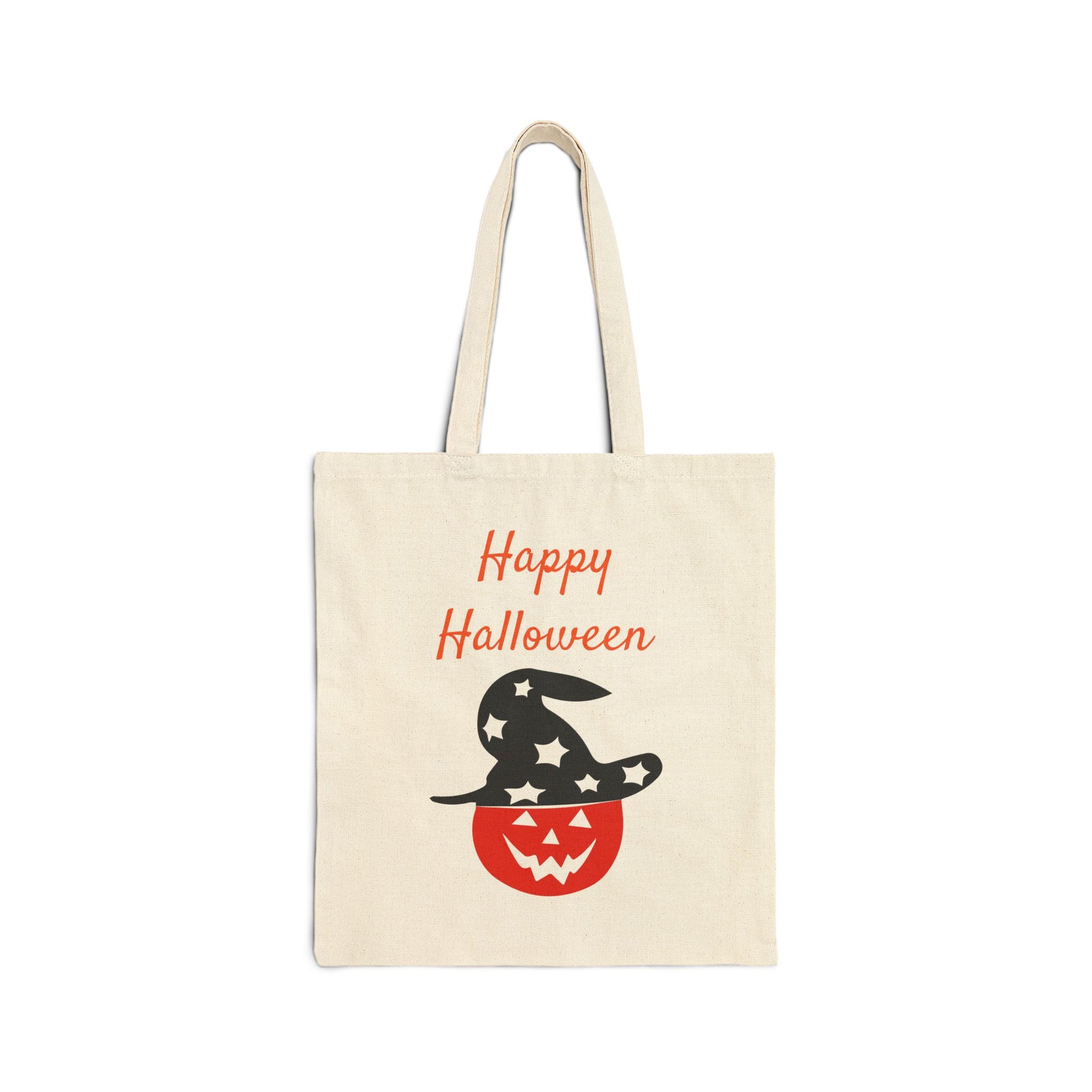 happy halloween canvas tote bag with witch hat jack-o-lantern on a white background

