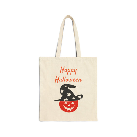 happy halloween canvas tote bag with witch hat jack-o-lantern on a white background
