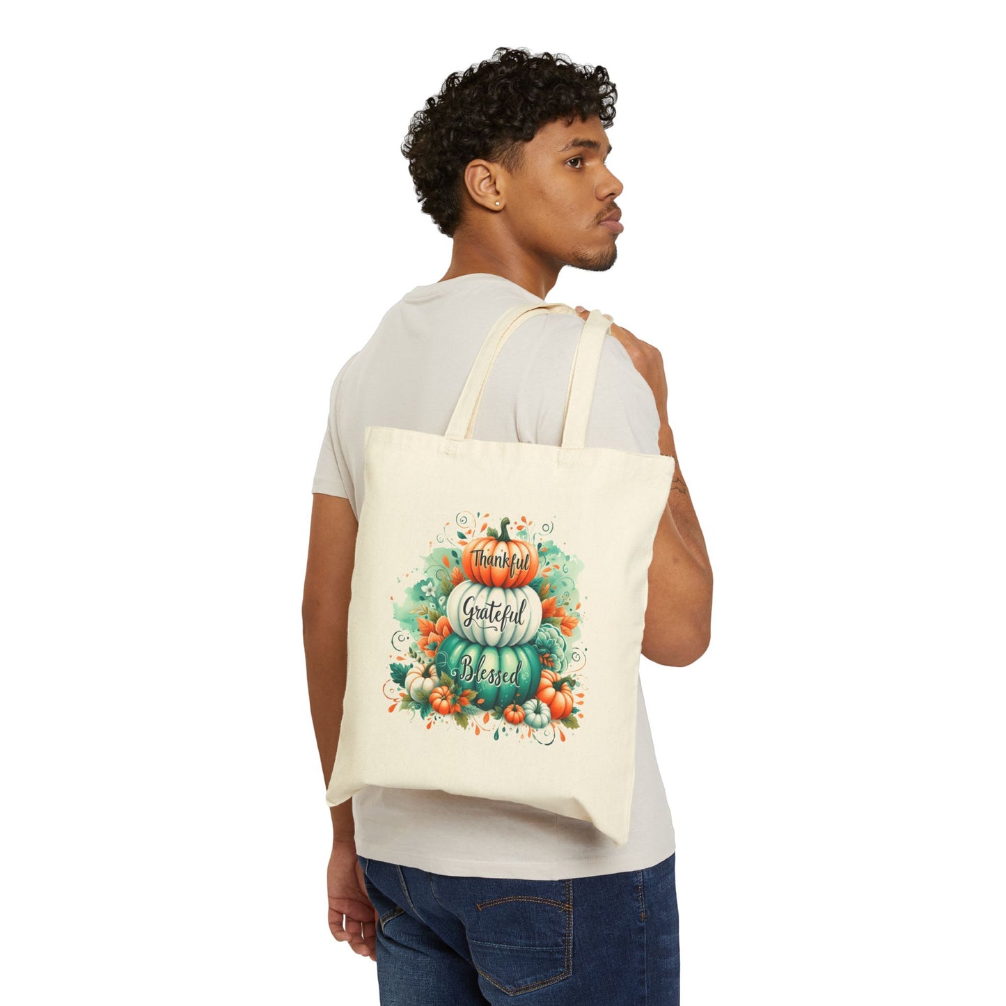 Thankful Grateful Blessed Pumpkin Stack Canvas Tote Bag