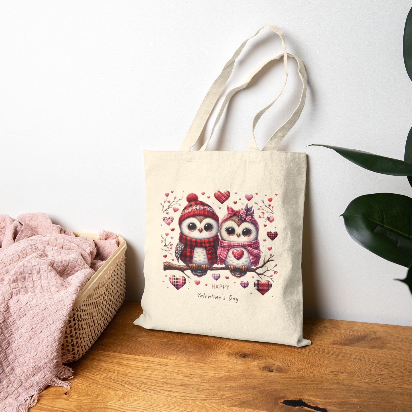 "Happy Valentine's Day" Owl Couple Canvas Tote Bag