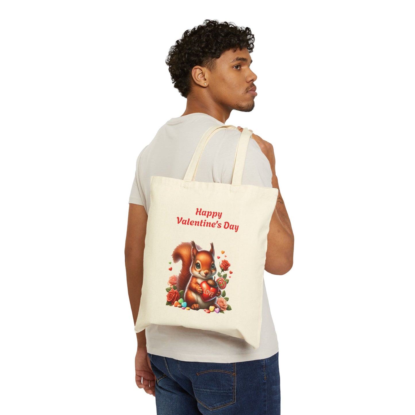Happy Valentine's Day Squirrel Canvas Tote Bag with Love Heart