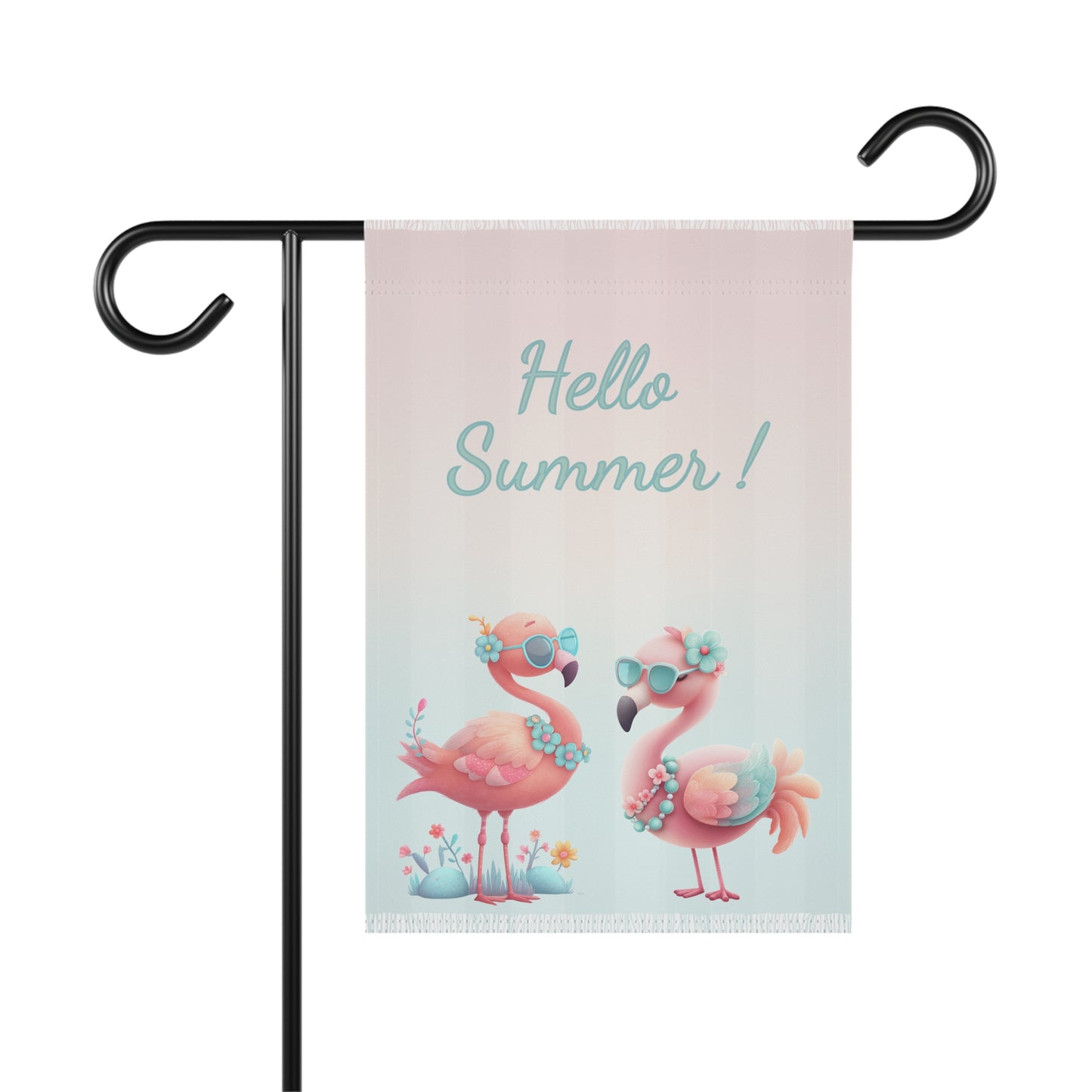 Summer garden flag featuring two cute pastel pink flamingos wearing sunglasses and flower garlands standing together under teal script text that reads Hello Summer.