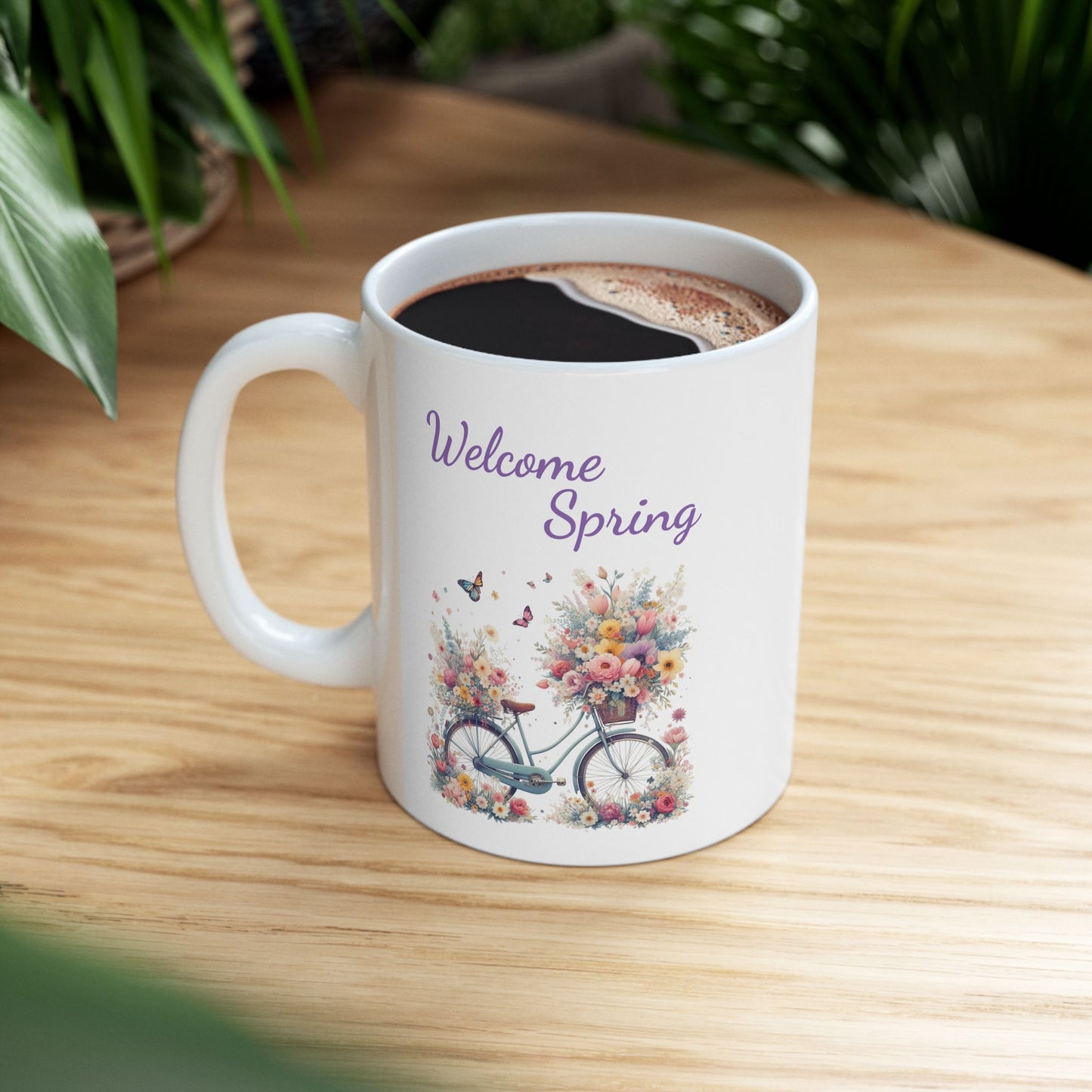 "Welcome Spring" Floral Bicycle Coffee Mug