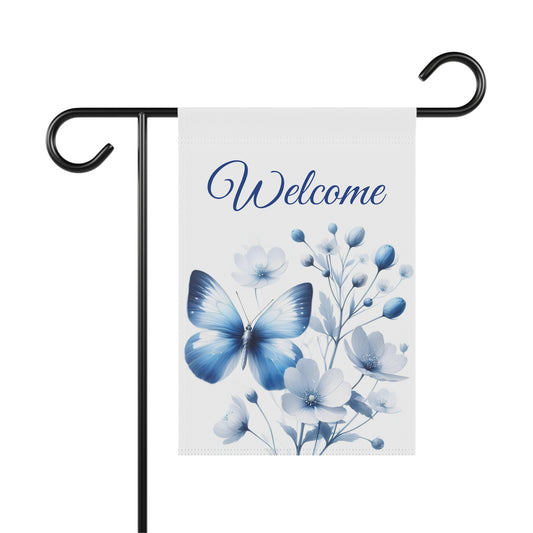 Elegant welcome garden flag with blue butterfly and floral design
