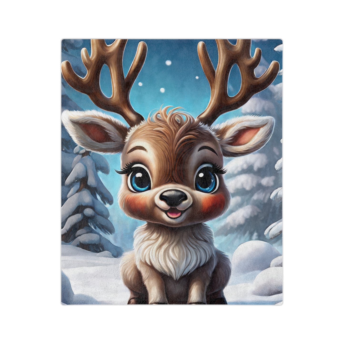 velveteen blanket displaying a precious baby reindeer illustration against a serene snowy landscape, evoking a sweet and festive holiday atmosphere.