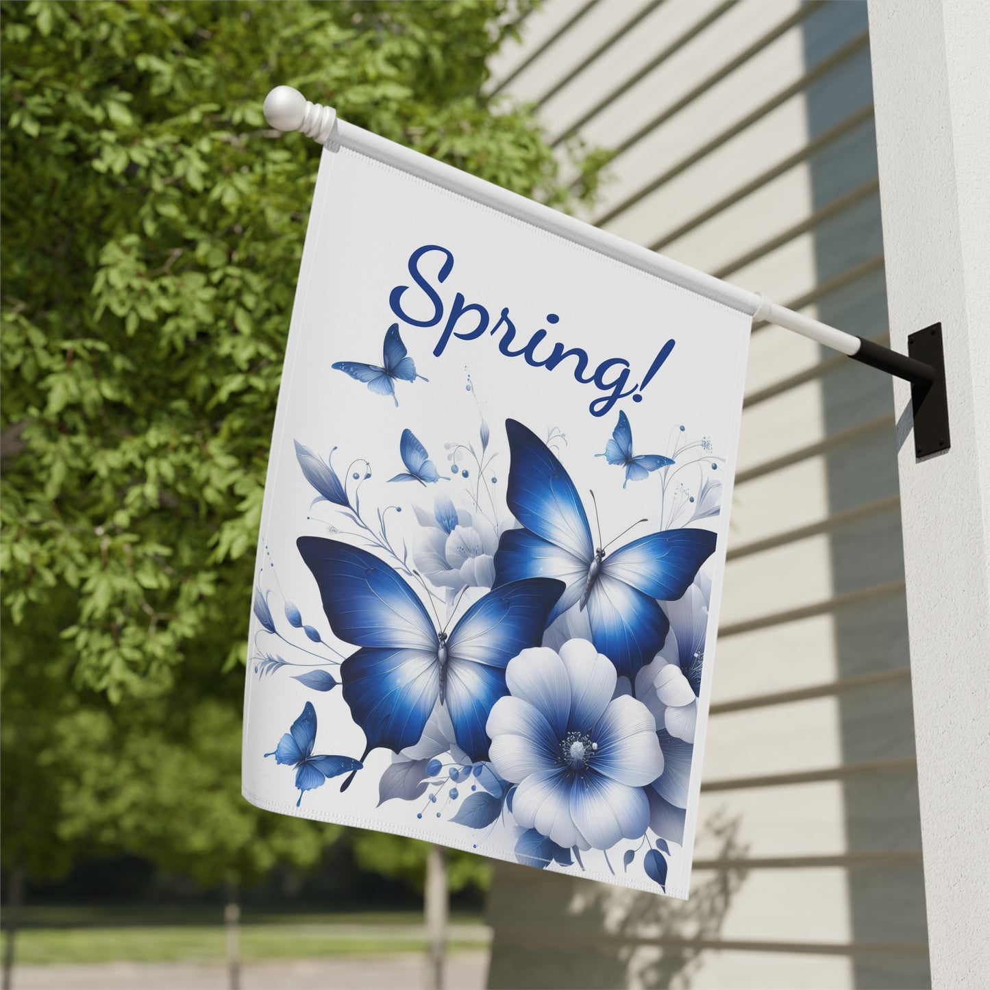 Elegant Blue Butterfly & Floral Spring Garden Flag