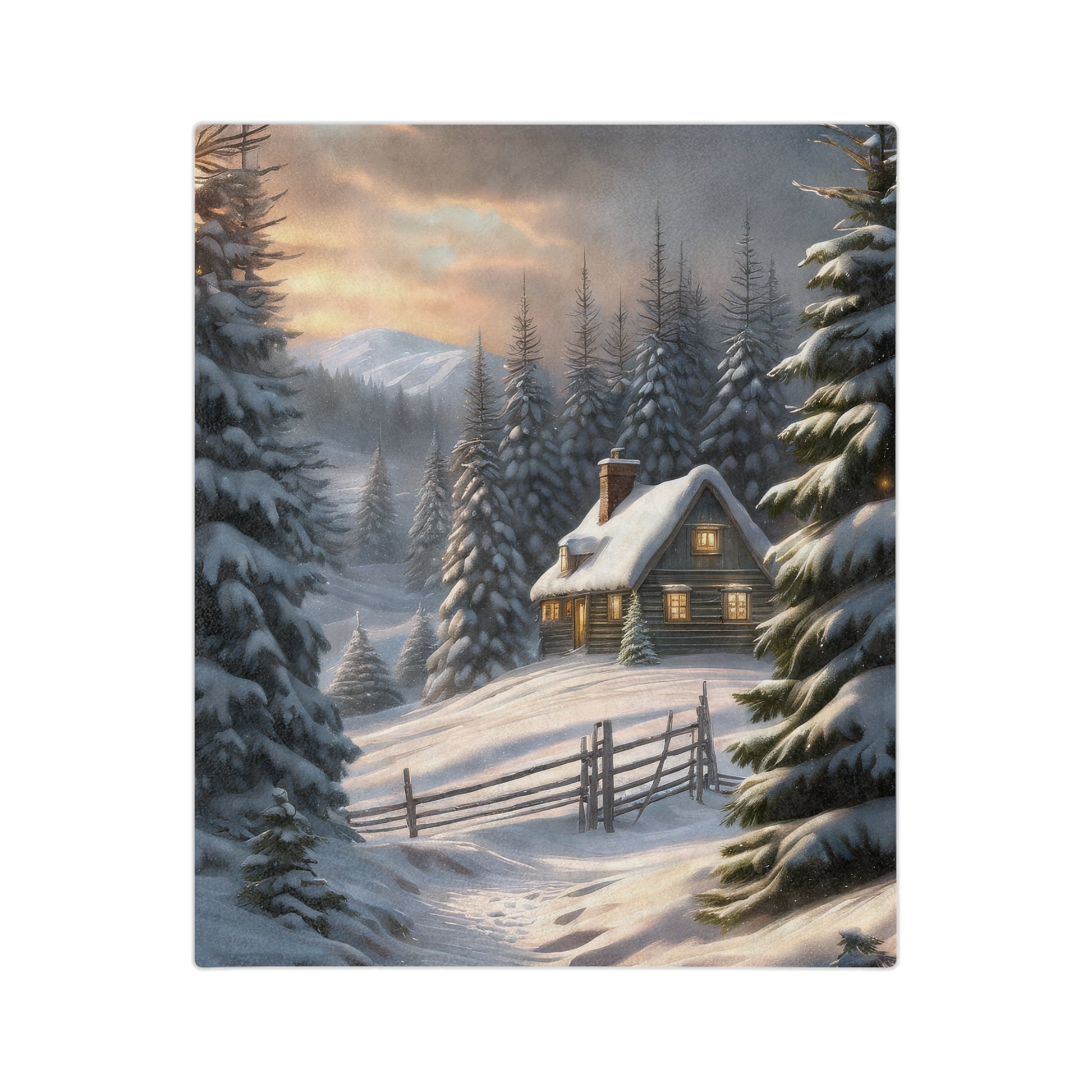 
Snowy log cabin in winter forest with mountains and glowing lights on Christmas plush blanket