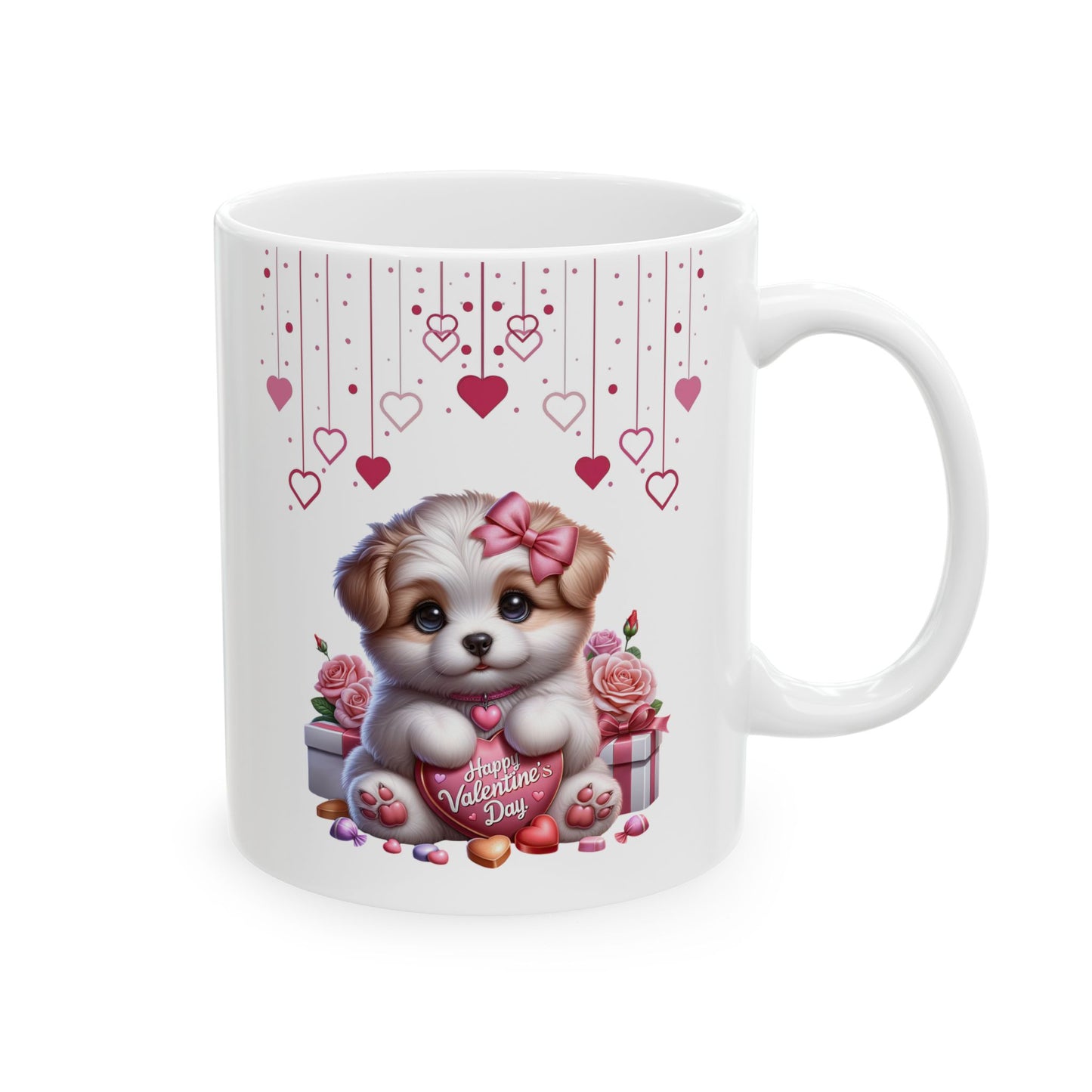 White ceramic coffee mug with a cute cartoon puppy wearing a pink bow, holding a pink heart-shaped sign that says 'Happy Valentine's Day', surrounded by hanging hearts, roses, and wrapped gifts.