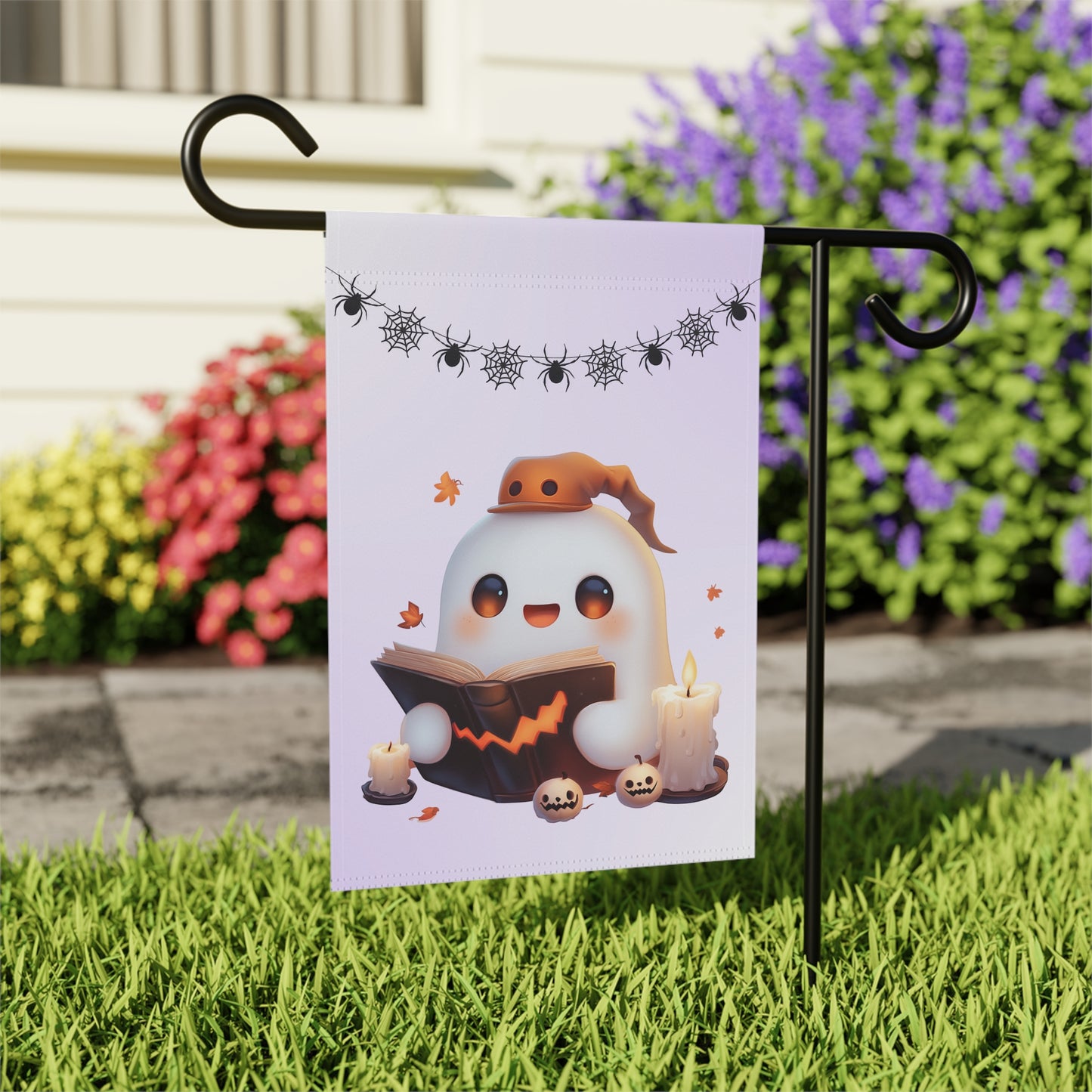 Cute Ghost Reading Spell Book Garden Flag