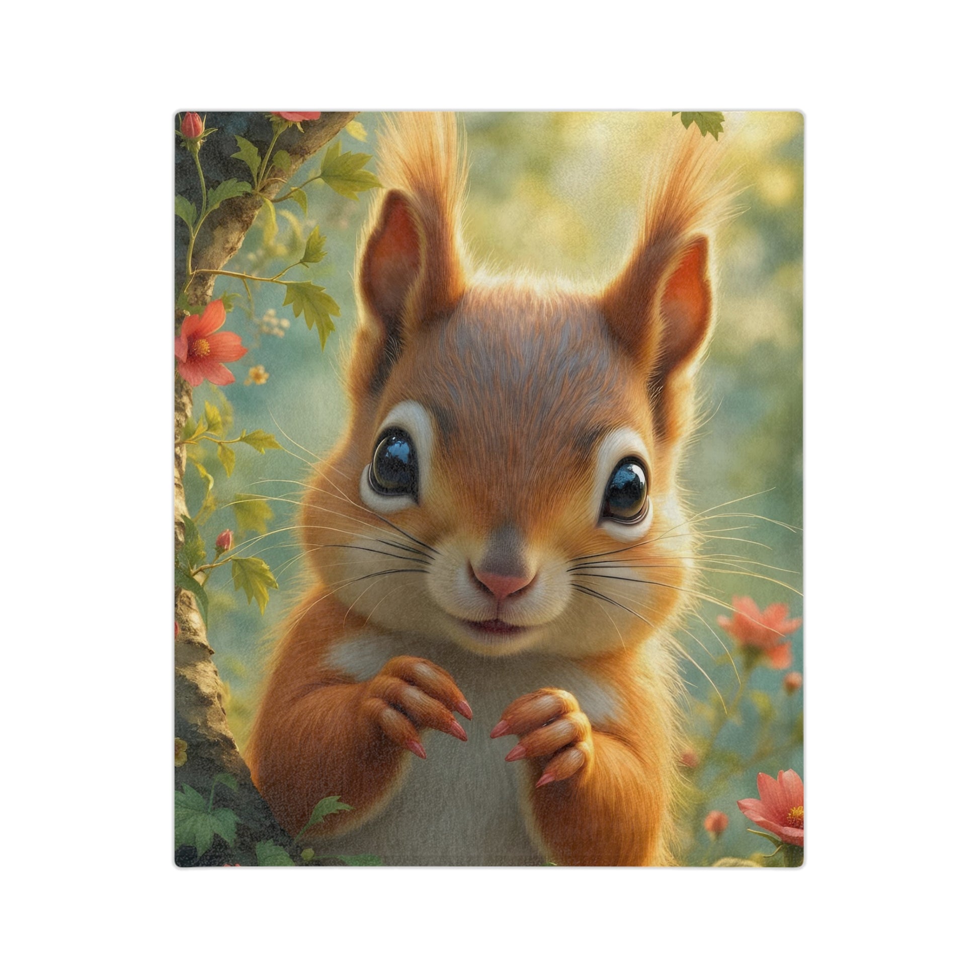 Lightweight velveteen blanket with an adorable cartoon baby squirrel illustration, with large eyes, surrounded by green leaves and pink flowers.

