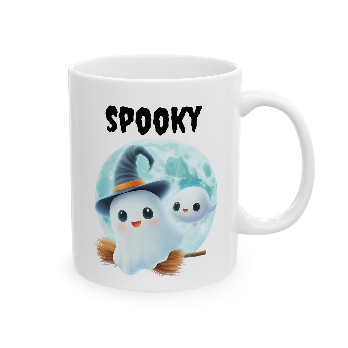Cute ghost wearing a witch hat riding a broomstick with a small ghost friend against a full moon with Spooky text on a white ceramic Halloween mug, White ceramic Halloween coffee cup featuring broom-riding ghosts and full moon artwork with Spooky lettering, Cute ghost witch full moon ceramic coffee cup for autumn drinkware