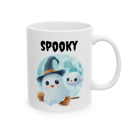 Cute ghost wearing a witch hat riding a broomstick with a small ghost friend against a full moon with Spooky text on a white ceramic Halloween mug, White ceramic Halloween coffee cup featuring broom-riding ghosts and full moon artwork with Spooky lettering, Cute ghost witch full moon ceramic coffee cup for autumn drinkware