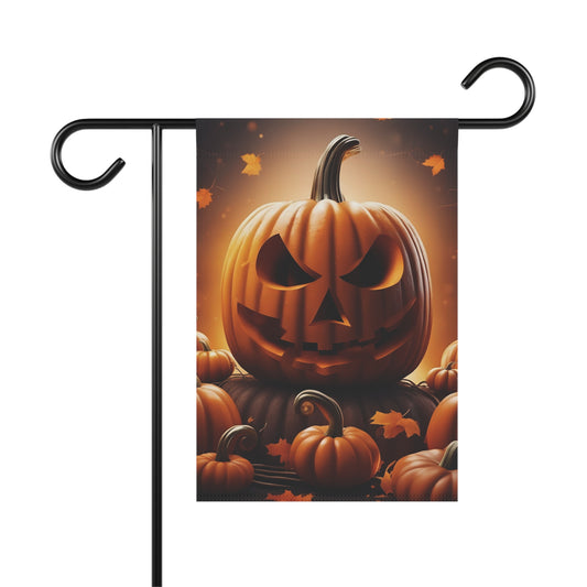 Halloween garden flag featuring a glowing jack-o’-lantern with surrounding pumpkins and falling autumn leaves